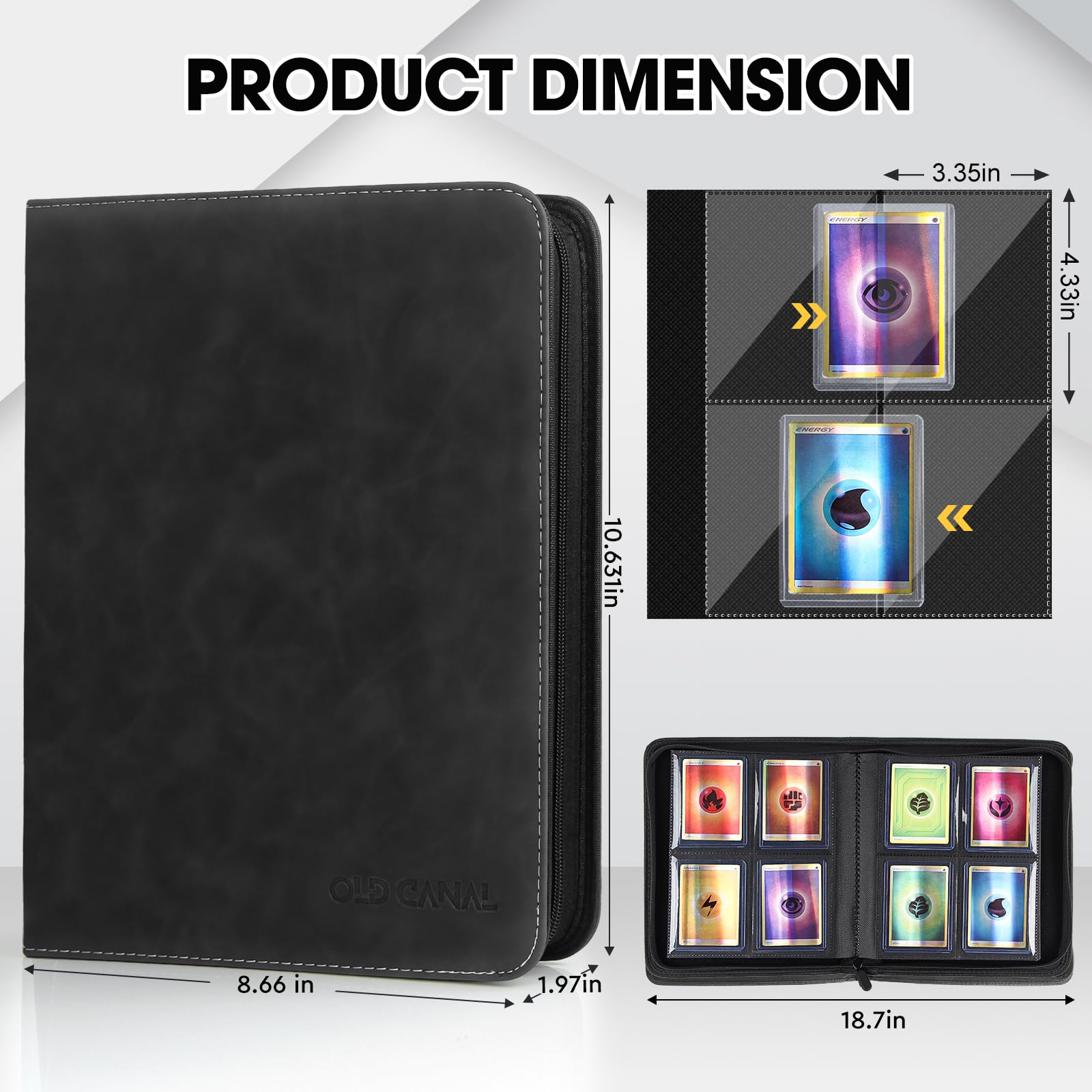 Classeur Top Loader, Classeur Carte de 4 Poches de 112 Top Loaders, Album de Top Loader avec Fermeture éclair de et Durable, Rangement Carte pour MTG, TCG, Noir (UNIQUEMENT POUR TOP LOADERS)