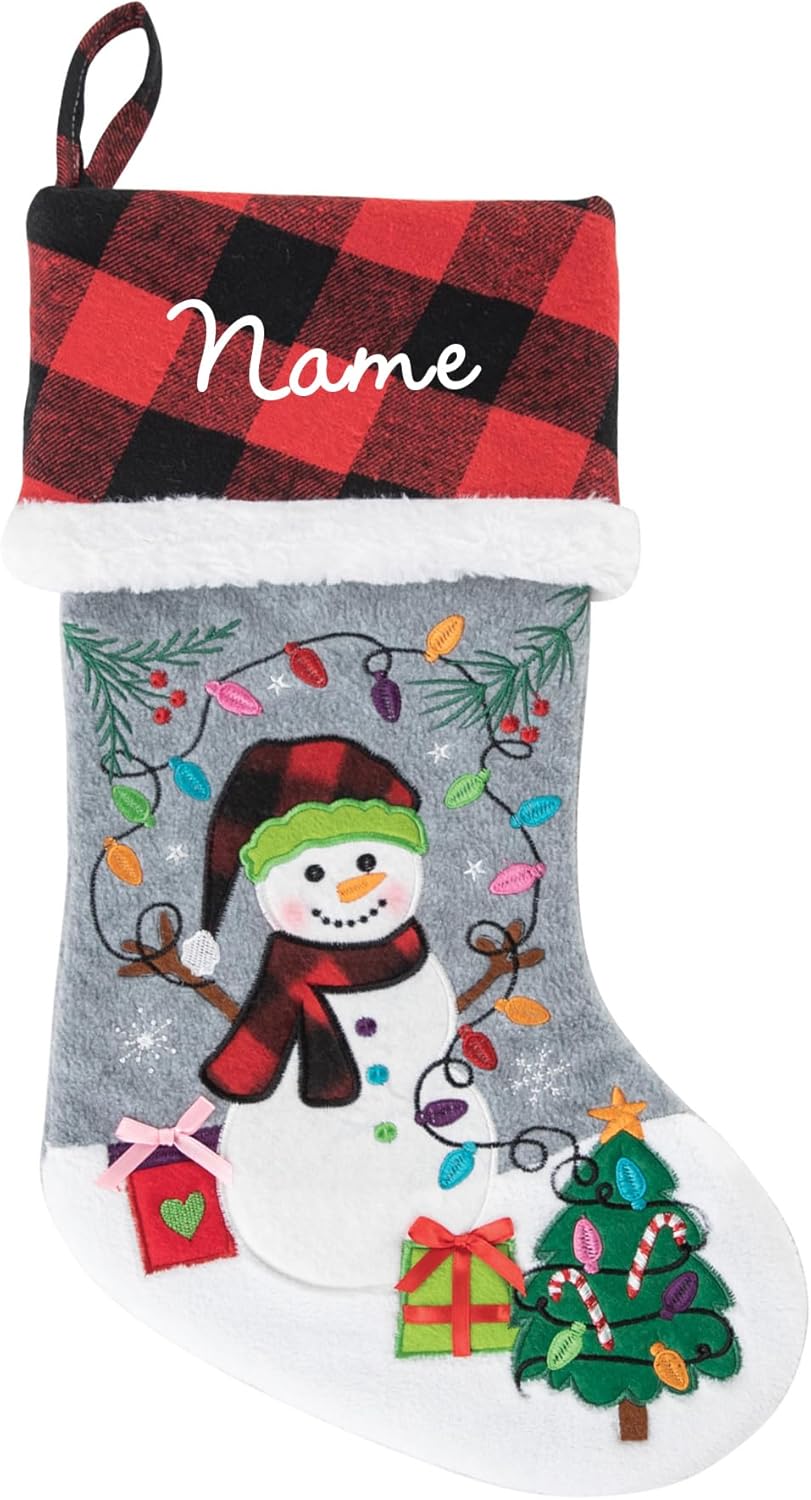 Personalized Planet Holiday Snowman Christmas Stocking with Custom Name Embroidery | Buffalo Plaid Cuff with Xmas Lights and Snowflake Details | Fun Festive Christmas Home Décor | Ready to Hang