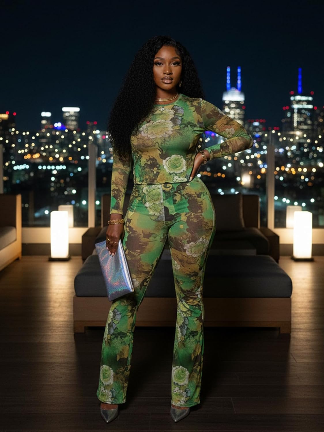 Ophestin Sexy Two Piece Club Outfits for Women Print Mesh See Through Long Sleeve Top Flared Bodycon Pants Set - Image 4