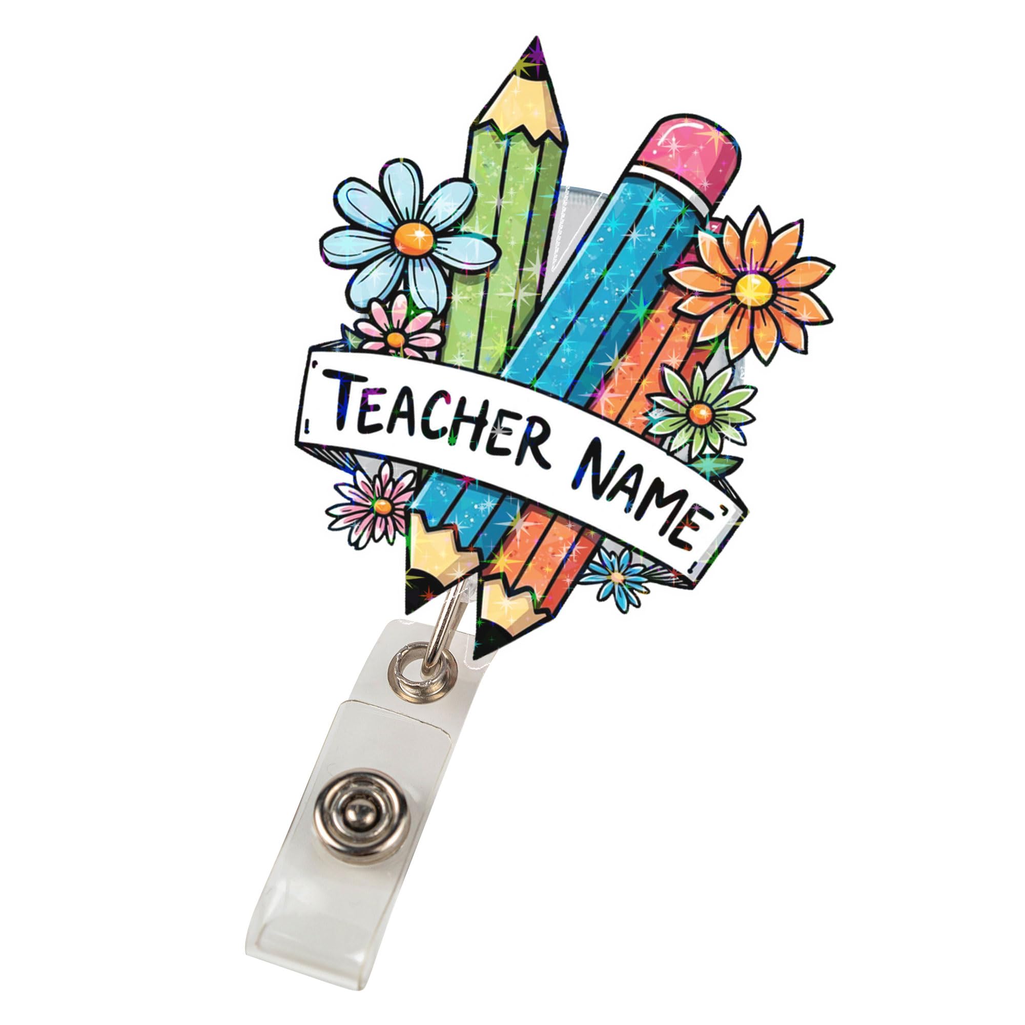 Custom Name Teacher Badge Reel – Cute Colorful Pencil ID Holder with Personalized Name Tag for Classroom, School Nurse, Faculty, Educators –