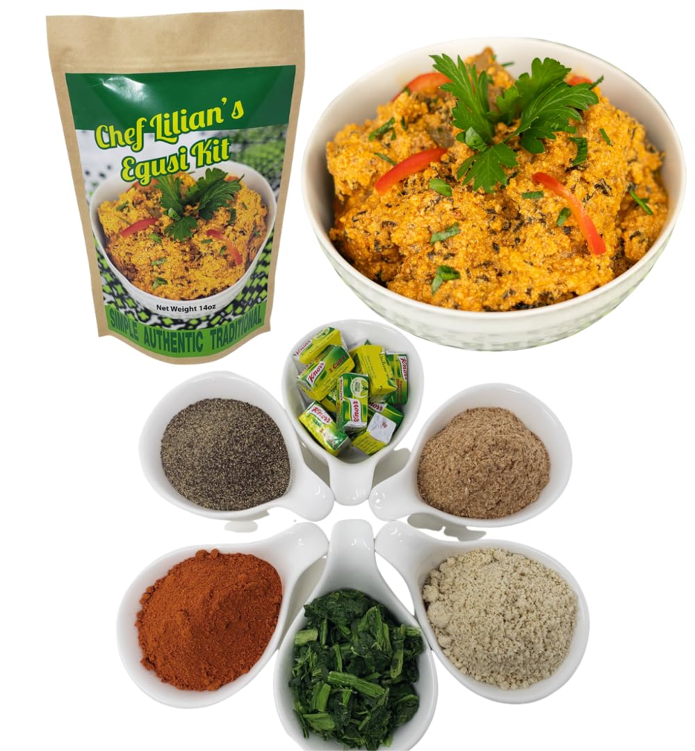 Chef Lilian's Egusi Kit- Nigerian West African Food Kit with Ground Melon Seeds (Egusi), Dehydrated Spinach, Seasoning cubes, Hot pepper Powder, Soup base, 8 Servings (Pack of 2)