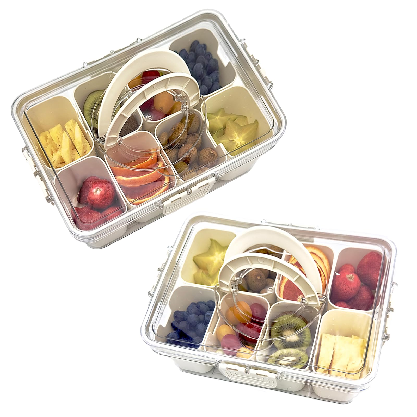 Ztaussi Contenitori per snack, 2 contenitori per snack e salumi, 8 scomparti divisi, con coperchio e manico, piatti portatili per snack, organizer da viaggio per caramelle, frutta, noci, snack