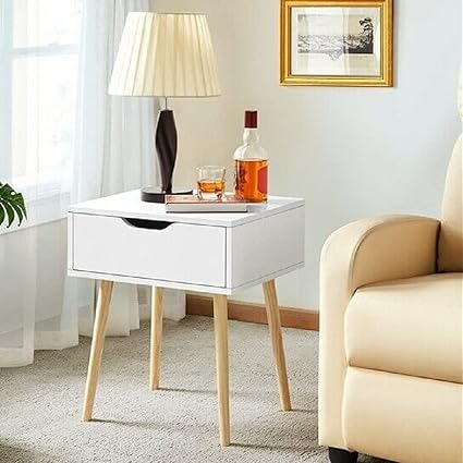CROWN ART SHOPPEE Storage Nightstand Mid-Century Modern Bedside Table with Solid Wood Legs Minimalist and Practical End Side Table- 1 Drawer -White