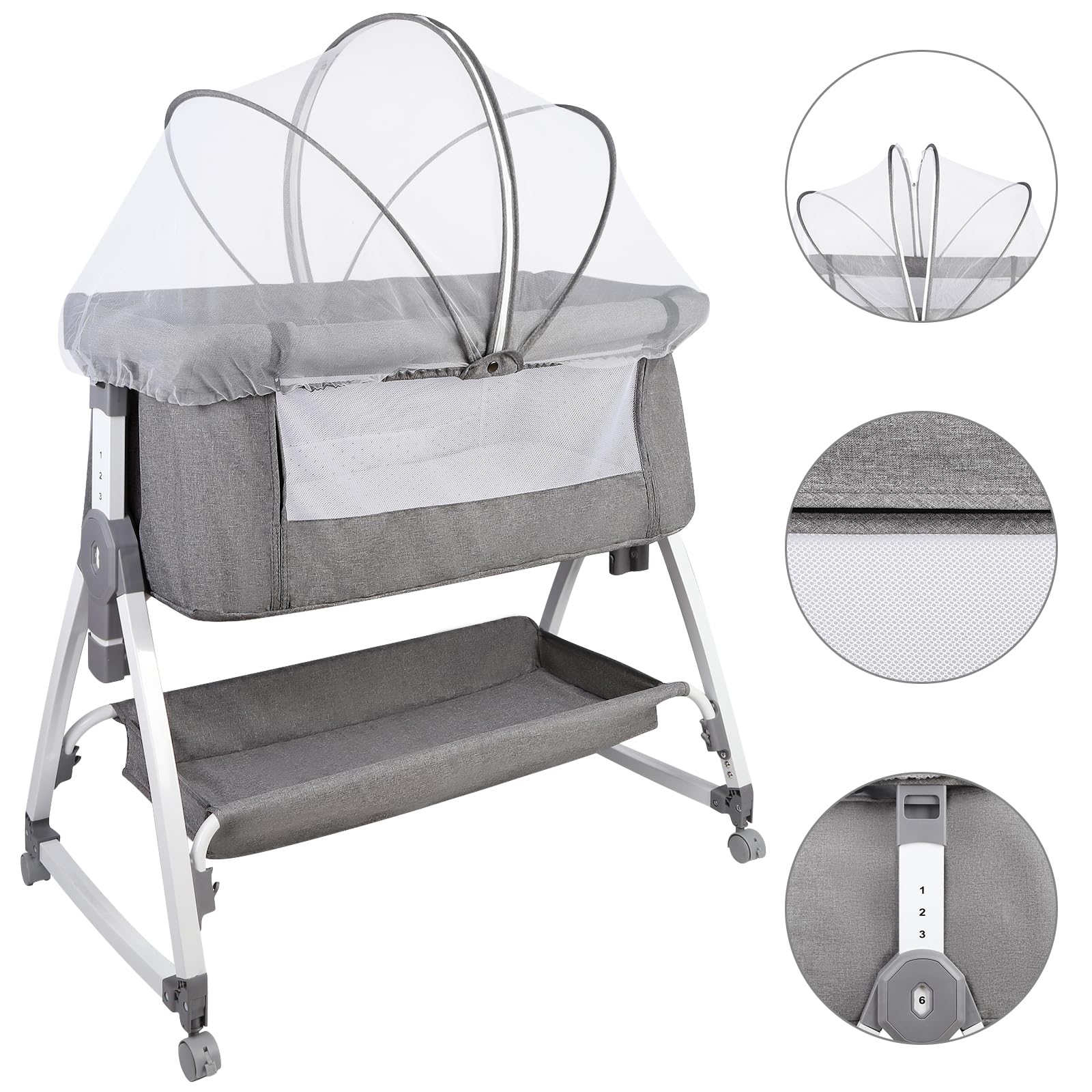 HUOLE Cuna 3 en 1 hasta 30 kg, Cuna de colecho, Cuna Mecedora, Ajuste de Altura e inclinación del colchón, 4 Ruedas con Freno, Colchón Ergonómico, Bolsa-80 * 40 * 100-115cm-lino