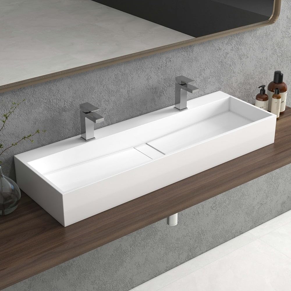47 Inch Wall-Mount Double Sink Stone Resin Trough Bathroom Sink with 2 Faucet Holes (Glossy White)