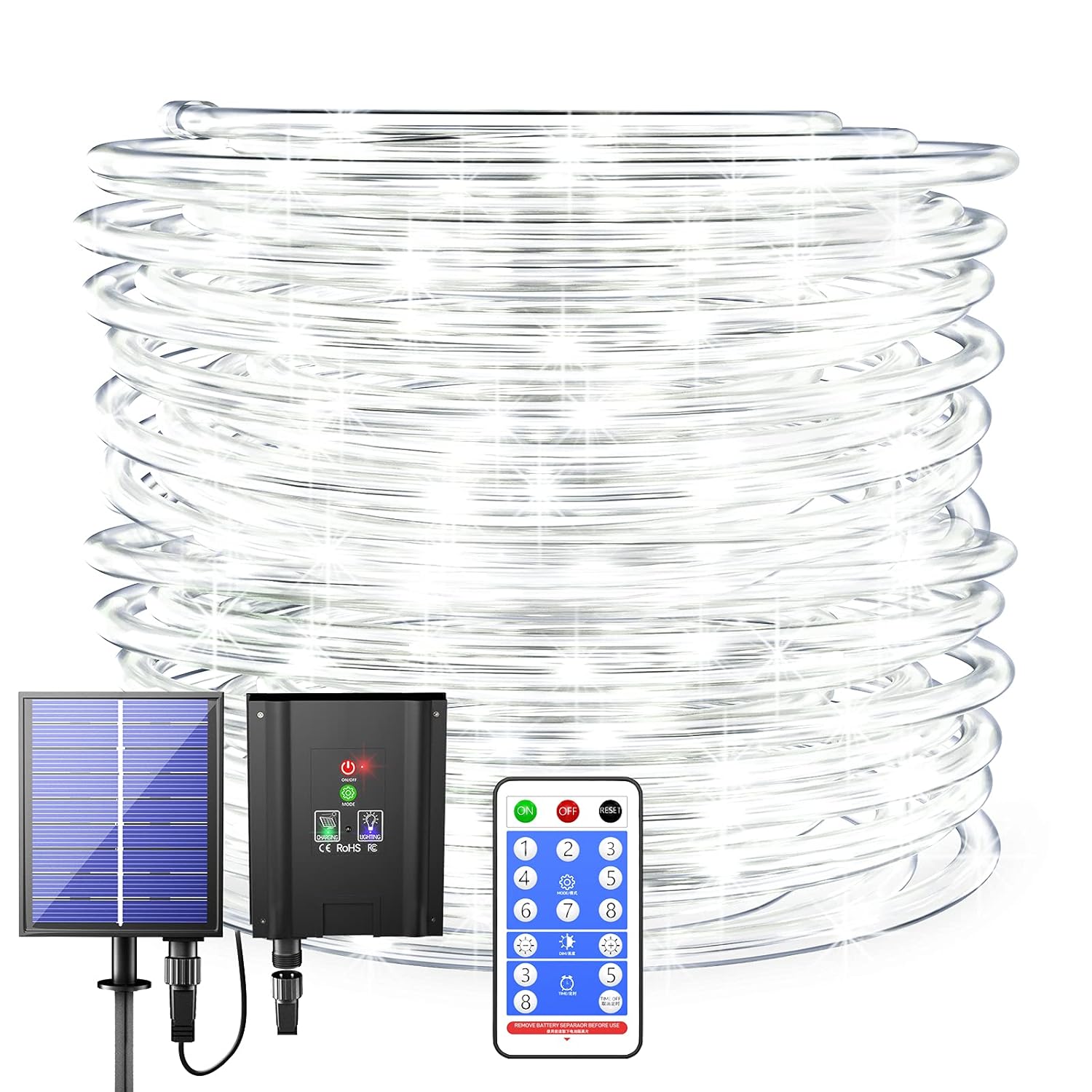 Solar Rope Lights Cool White 200 LED Waterproof Solar Powered Tube