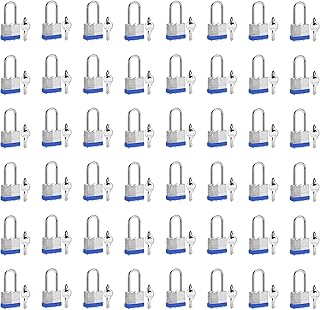 HZSY Keyed Alike Laminated Steel Padlocks, (40mm) Wide, Long Shackle Padlockï¼ŒBlue Hoopï¼ŒPack of 48ï¼Œfor Gym Locker & StorageUnit or More