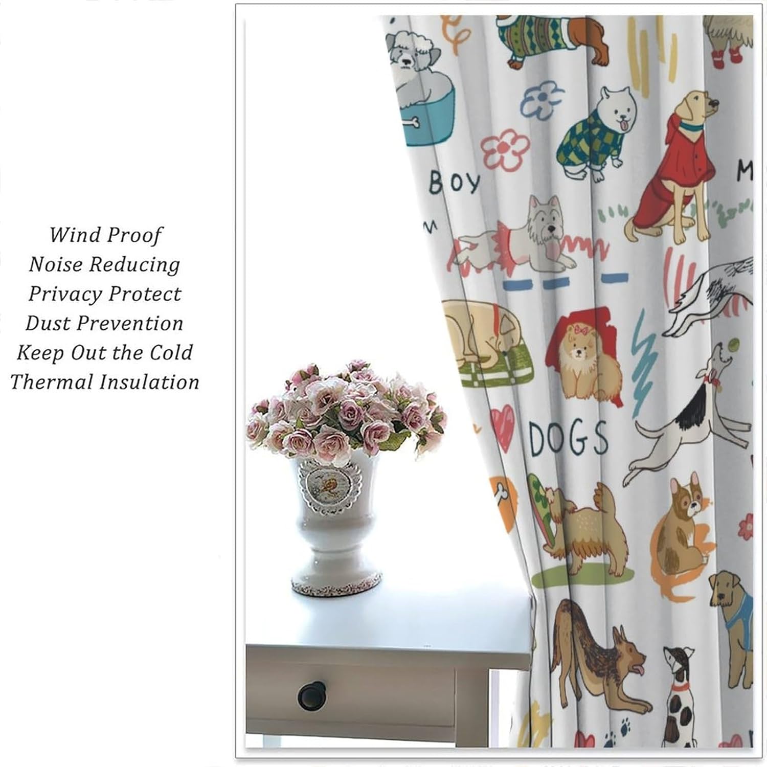 Dogs Pattern Curtains, Different Types Cartoon Puppy Dog Print Blackout Window Treatments, Rod Pocket Thermal Insulated Drapes 2 Panel Sets for Bedroom Living Room, 72" W X 63" L