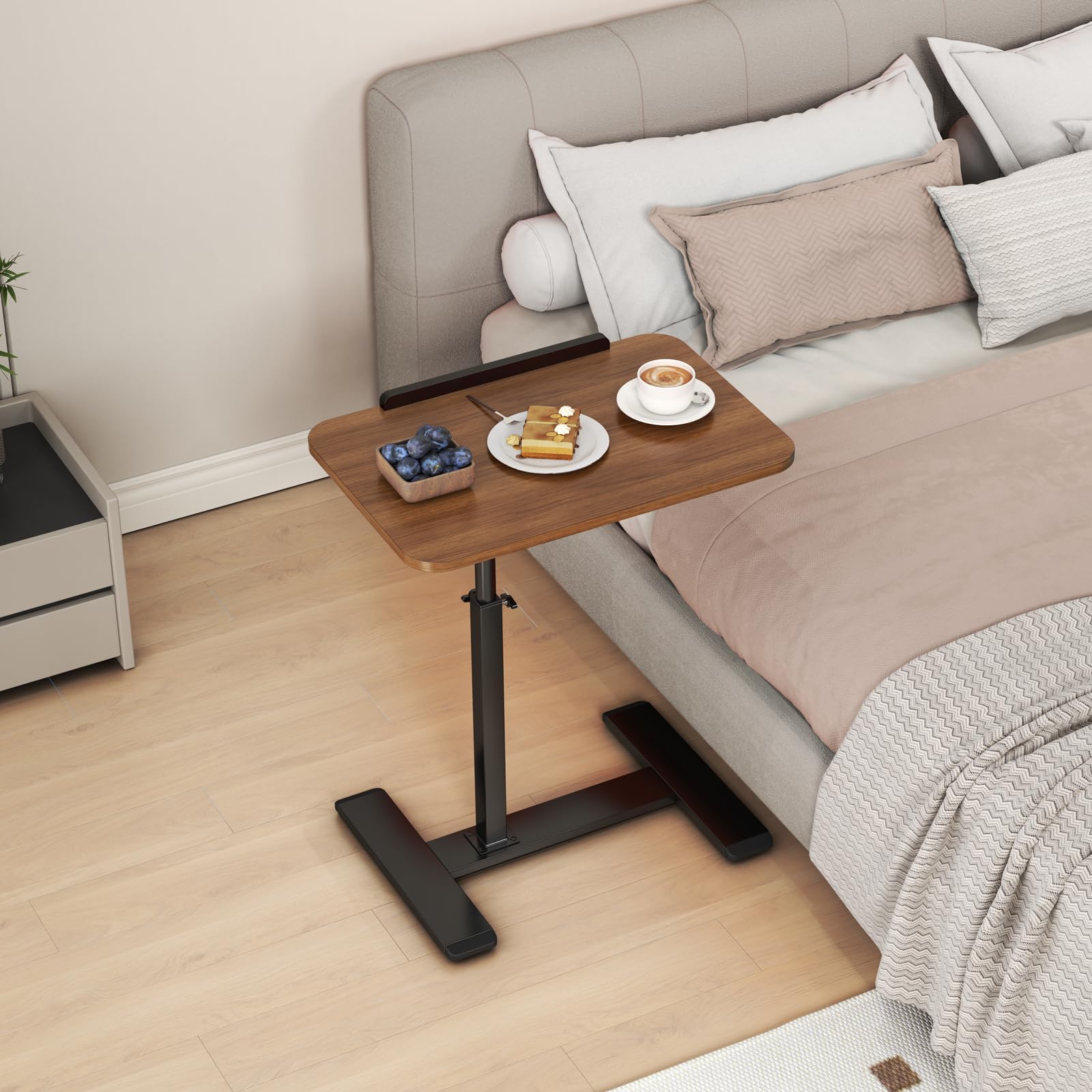 sogesfurniture Tavolo per computer portatile regolabile in altezza, tavolino mobile da divano, tavolo con ruote, spazio di archiviazione, per camera da letto, soggiorno, 50 x 40 x 55 – 80 cm, rovere