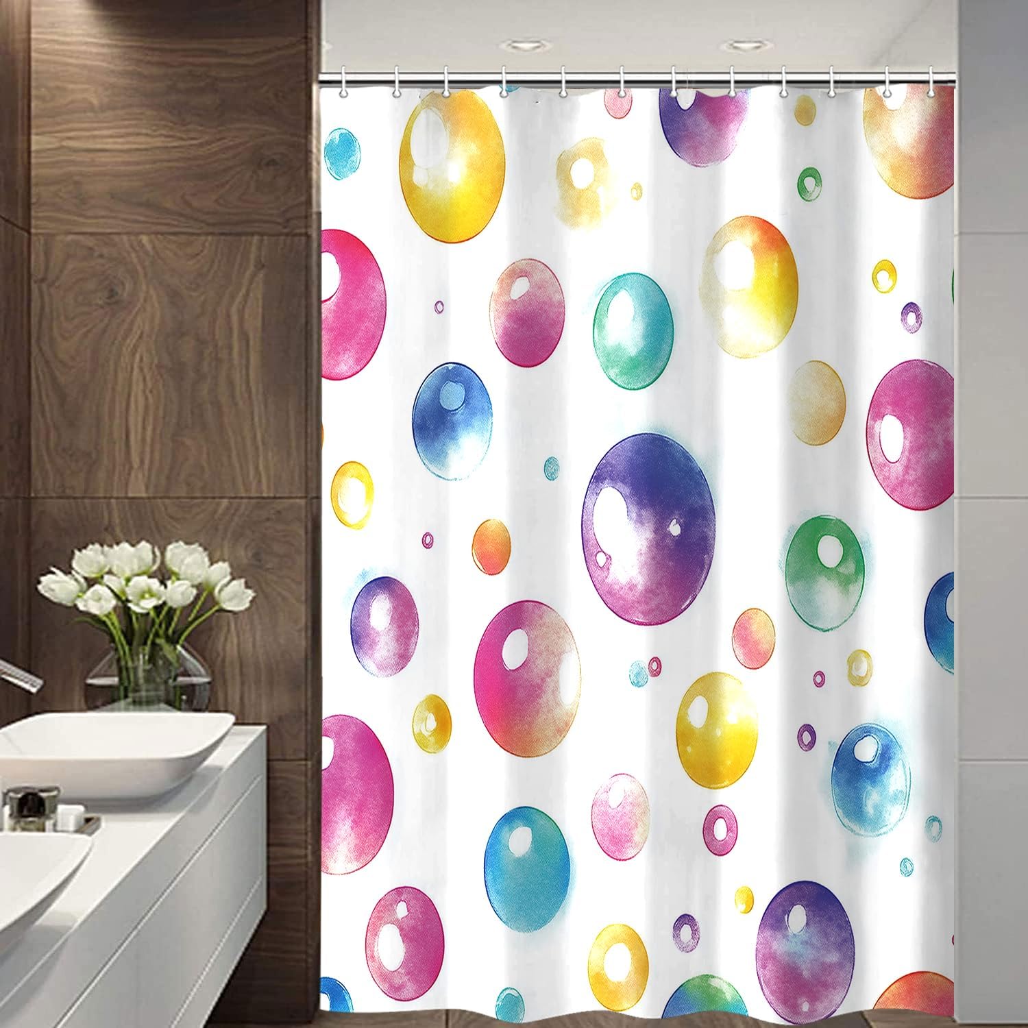 Kids Colorful Bubble Shower Curtain, Abstract Circles Children Girls Geometric Bathroom Decor, with Colorful Fabric Shower Curtains for Kids, with 12PCS Hooks, 70X75inch