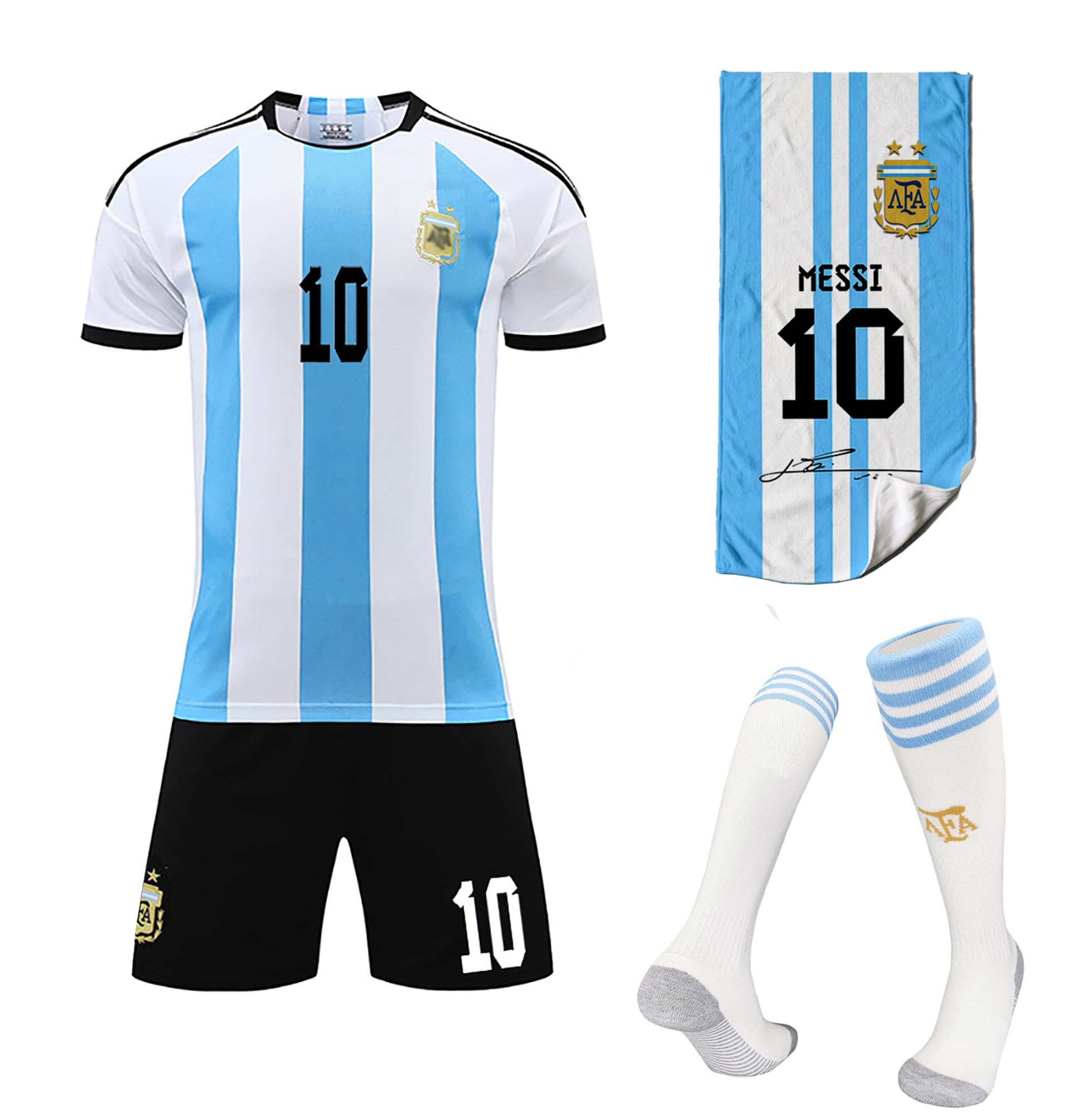 Messi Soccer Jerseys Kit for Kids Boys Girls # 10 Argentina Football Shorts Set Youth Miami Training T Shirt Shorts with Towel