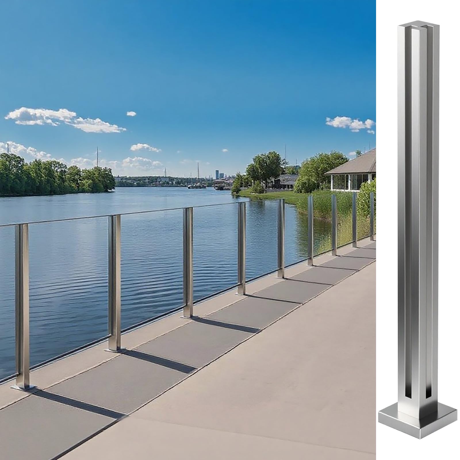Palo per Ringhiera in Vetro Topless - 60cm di Montanti per Balaustra in Vetro Argentato in Acciaio Inossidabile per Terrazzo, Gradini, Balcone, Piscina, Giardino, Scale Del Patio