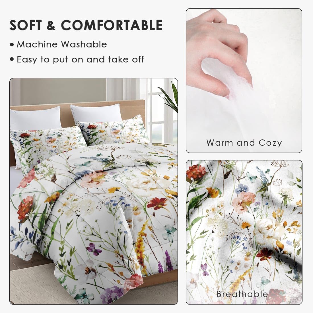 Queen Size Comforter Set with 2 Pillowcases, Wildflower Flower Floral 3 Pcs Bedding for Kids and Adults, Boho Watercolor Butterfly Soft Comforter Set for Bedroom Bed Decor - Image 5