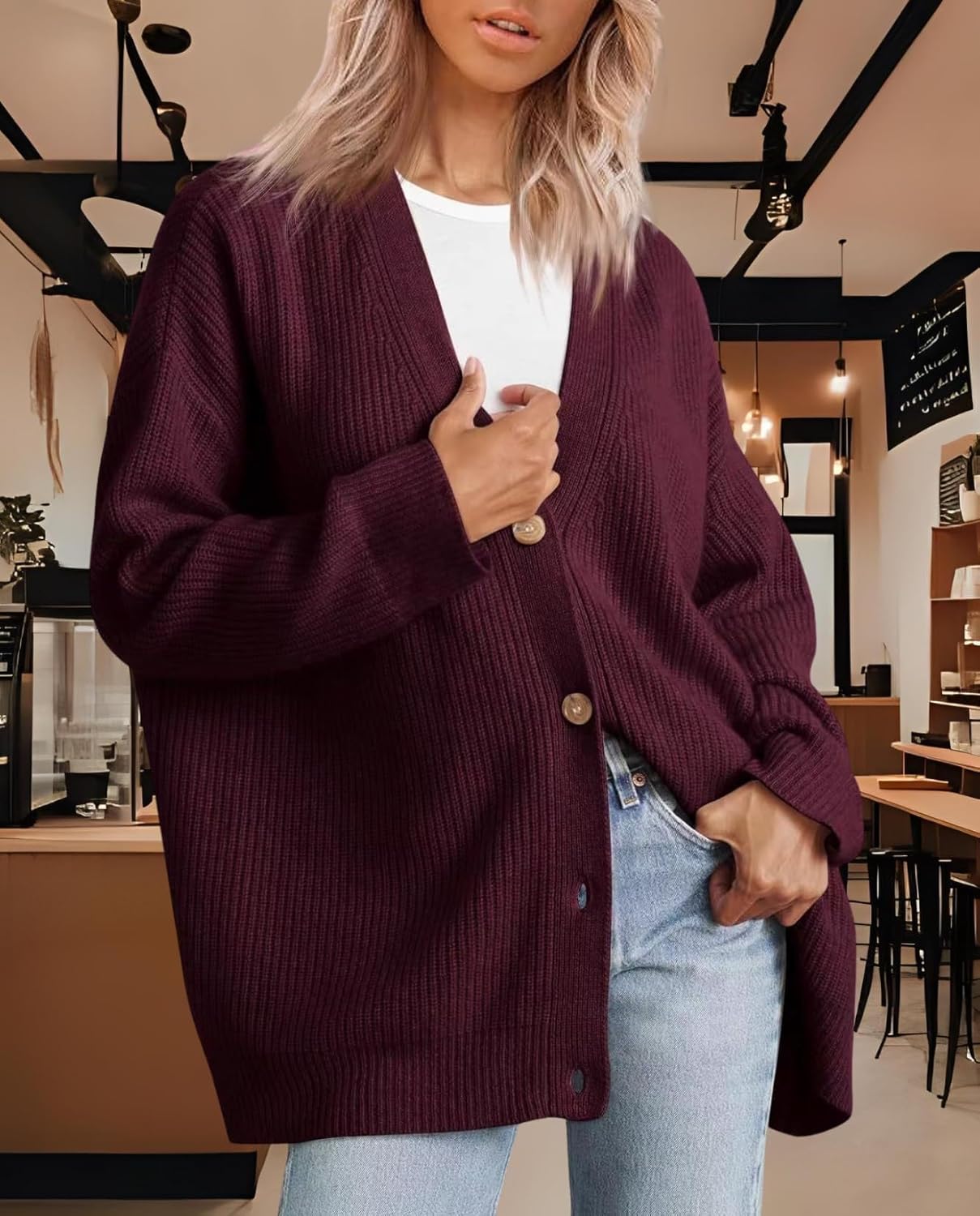 Women's Cardigan Casual Sweater Oversized Long Sleeve V-Neck Button Cardigan Top for Vacation and Daily Life - Image 5