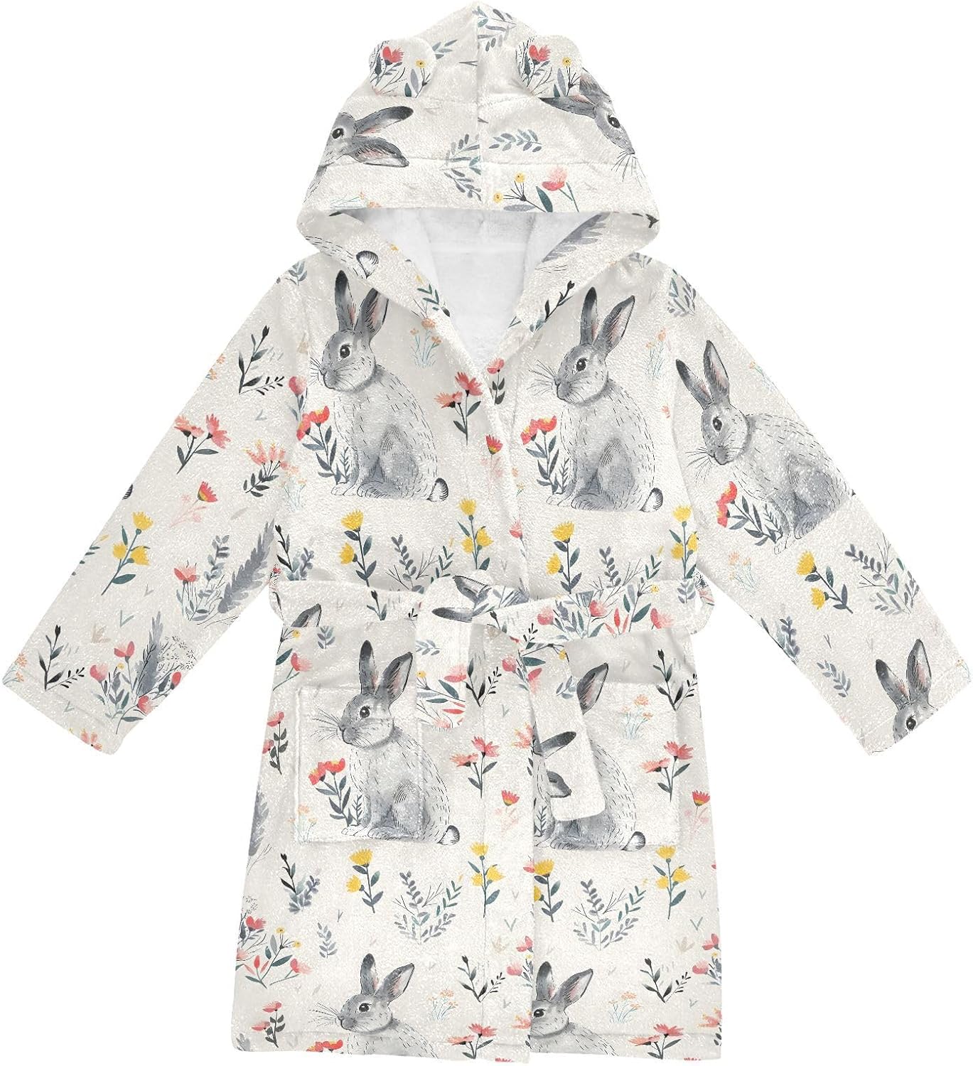 senya A Rabbit and Much Flowers Toddler Hooded Bathrobe Kids Soft Plush Bath Towel Robes for Boys Girls 2-12 Years