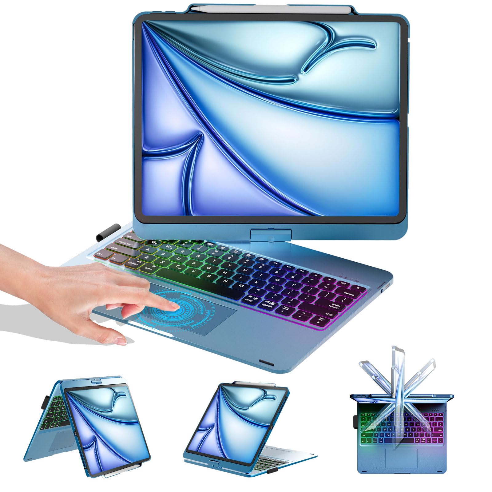 BABG Keyboard Case for iPad Air 13 inch(M3/M2)&iPad Pro 13, iPad Pro 12.9(6th/5th /4th/3rd Gen) Case with Keyboard,360° Rotatable,Toupad,Backlits,Pencil Charging-Lake Blue