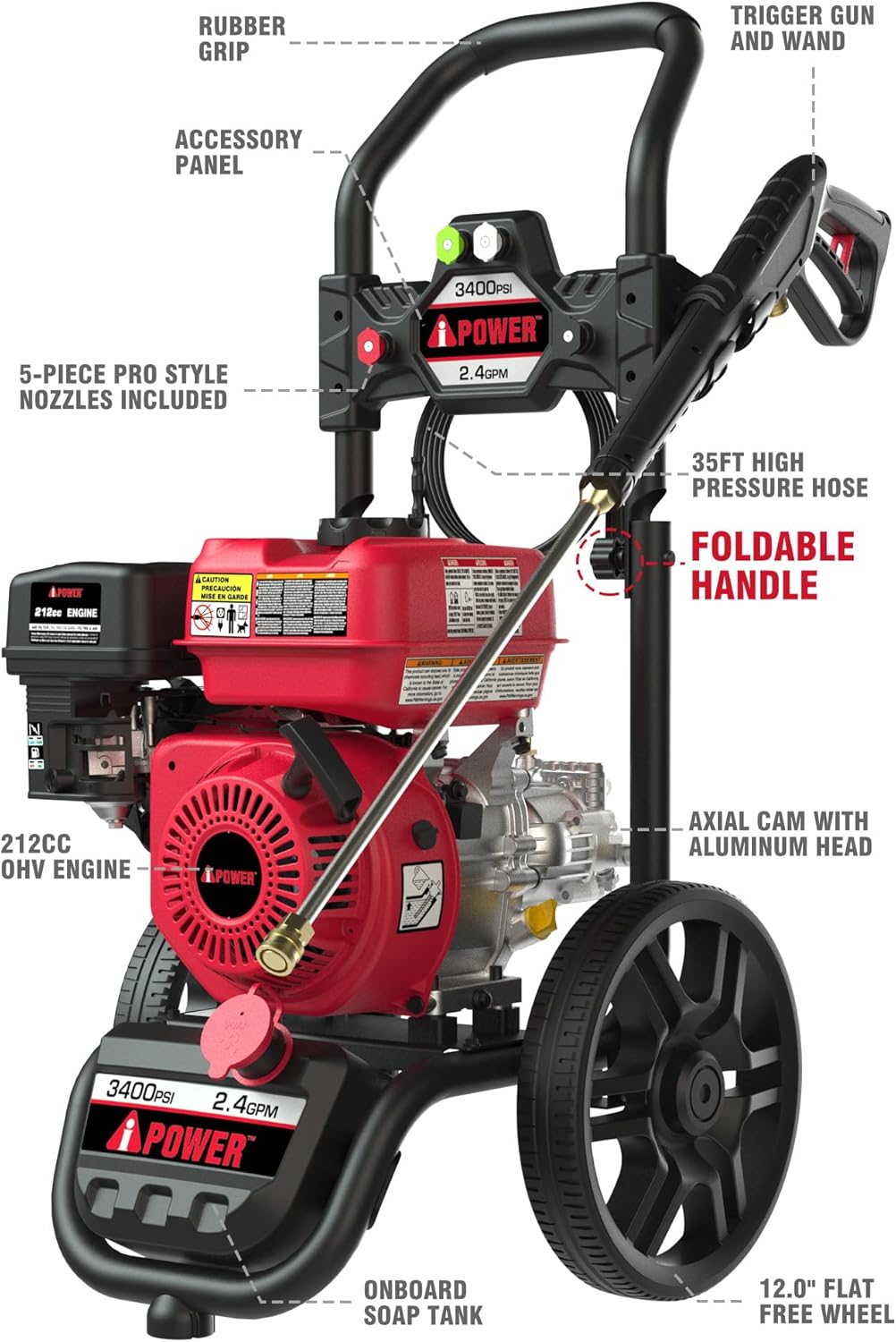 A-iPower Gas Pressure Washer 3400PSI 2.4 GPM Gas Powered Foldable Frame Pressure Washer 12'' Wheel Gas Power Washer, Onboard Soap Tank, with Spray Gun 5 QC Nozzles, for Fence/Cars/Driveways (GPW3400)
