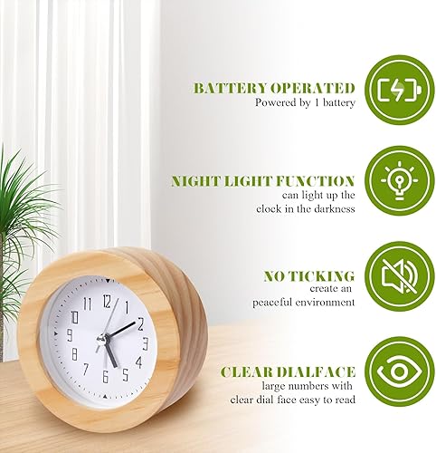 Miniatura 6 de Reloj despertador analógico de madera, silencioso y sin tictac, funciona con pilas, reloj de mesa con luz nocturna para dormitorio, habitación de