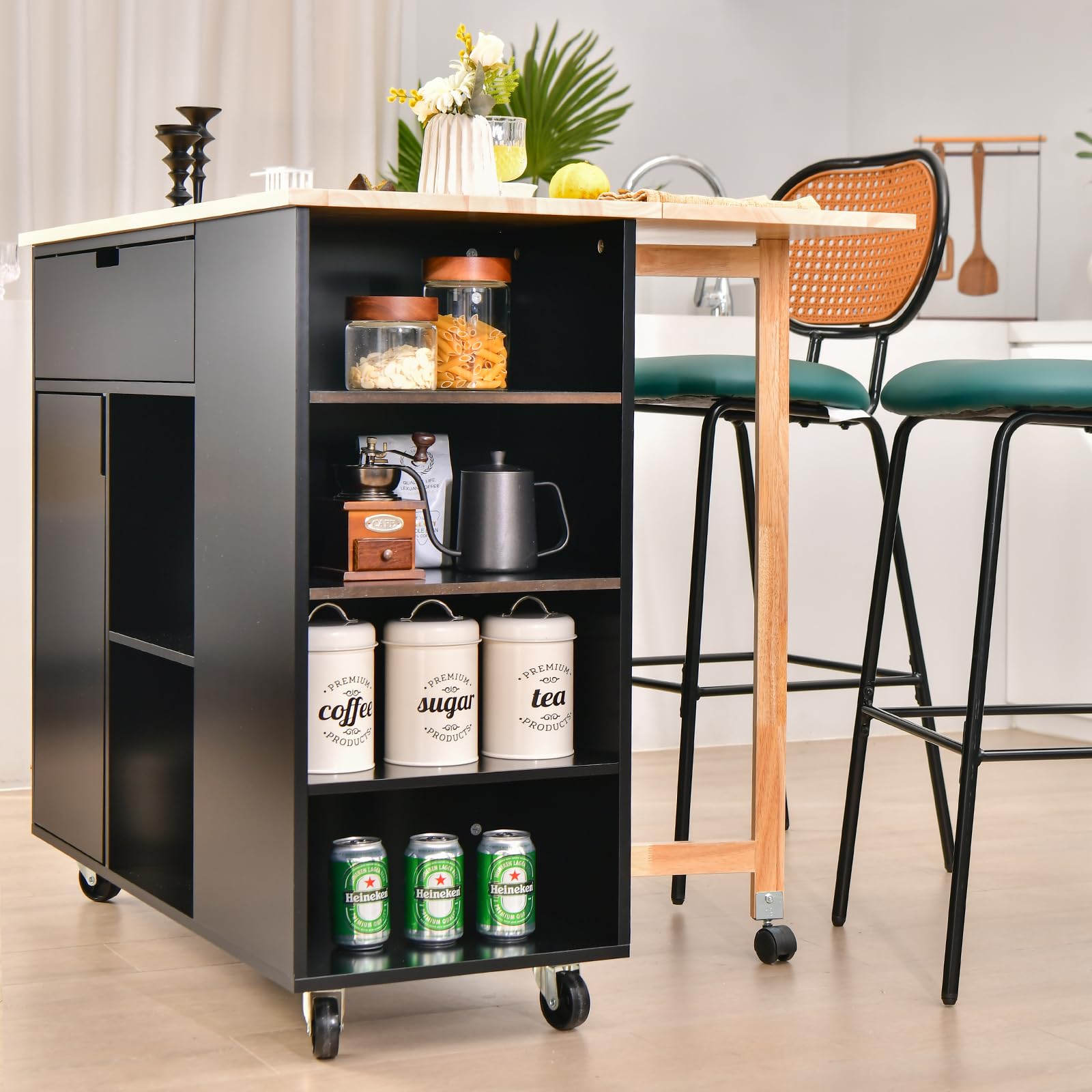 KOMFOTTEU Carrello da Cucina a Isola in Legno, Carrello di Servizio con Piano di Lavoro Estraibile, Mobile da Cucina con Cassetto, Ripiano Regolabile, Carrello da Cucina a Isola (Nero)
