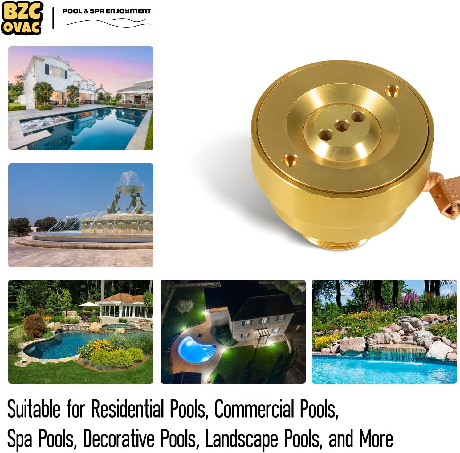 Brass Deck Jet Fountain Nozzle, 3-Hole Pool & Spa Water Feature with Grounding Lug, 1'' Male Thread