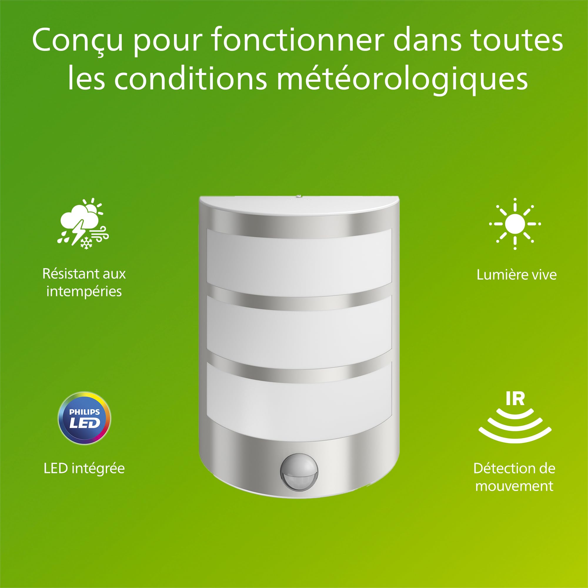 PHILIPS Python Applique Extérieure LED, 5,5 W, 700 lm, Lumière Blanche Chaude 2700 K, IP44 Résiste aux Intempéries, Détecteur de Mouvement Infrarouge, LED Intégrée, Durable, Aluminium