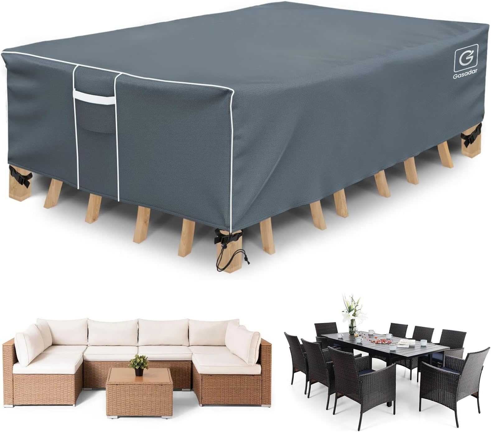 Gasadar Patio Furniture Covers, Outdoor Furniture Cover Waterproof, General Purpose, Outside Table and Chair Covers, Heavy Duty 600D 126L x 64W x 29H inch, Grey