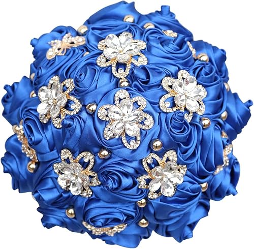 Sharebeauty Ramo de novia de satén hecho a mano de 9.4 pulgadas, ramo de boda, ramo de flores artificiales, color azul rey