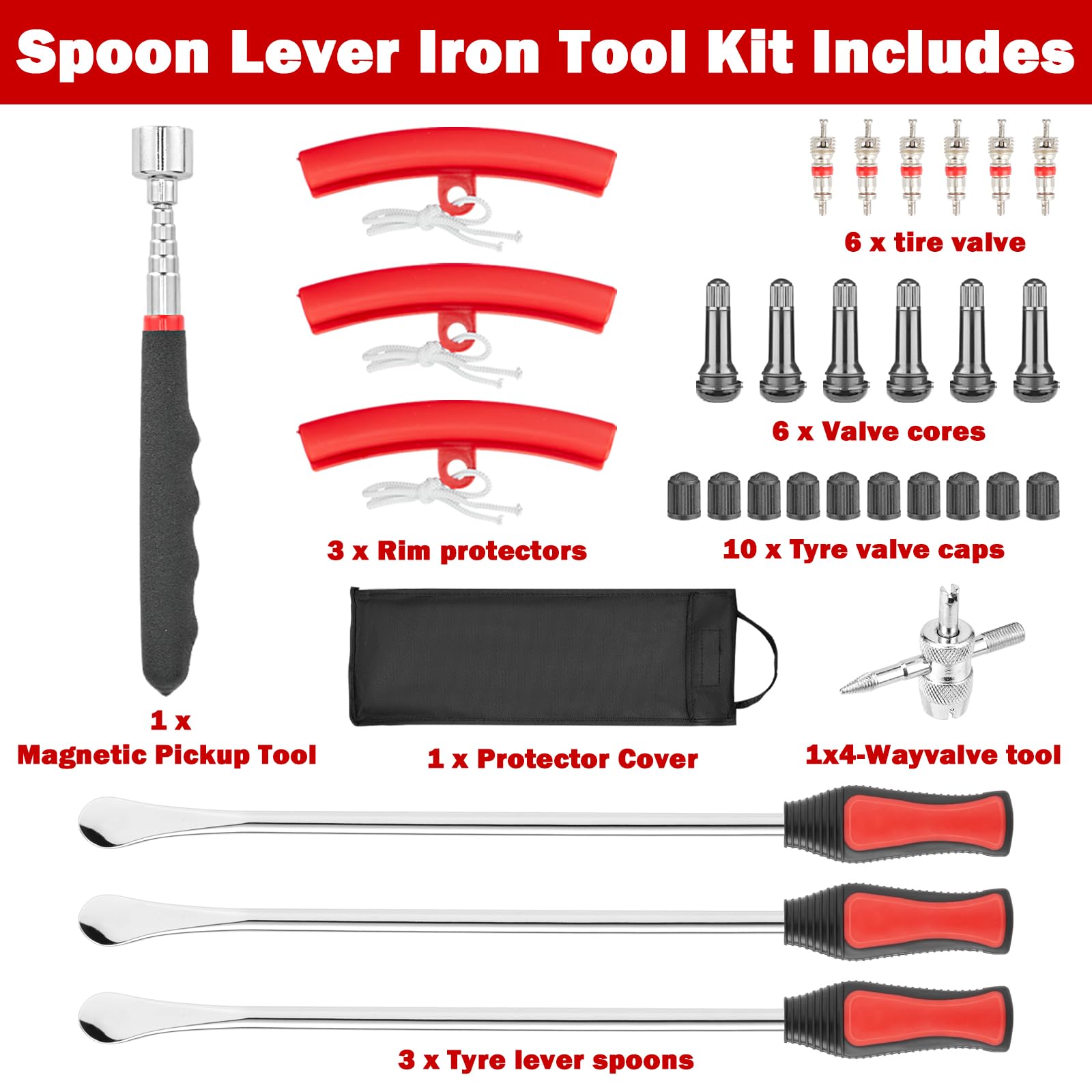 Set di 24 leve per pneumatici di moto, kit di strumenti per la riparazione di cambio, bicicletta, carrello, scooter, strumento di rimozione con 3 cucchiai a leva in ferro da 39 cm