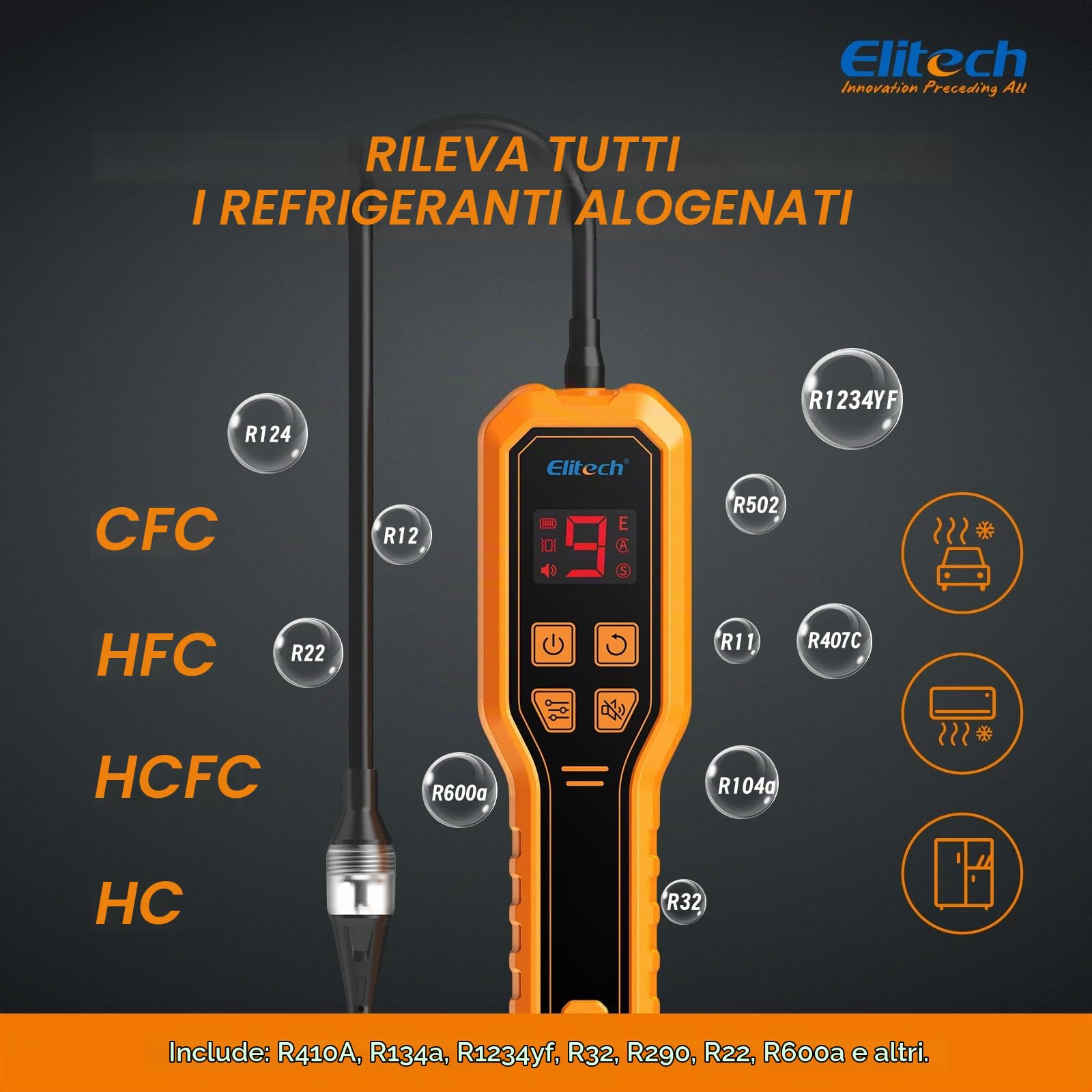 Elitech Rilevatore Perdite Gas Refrigerante Sniffer Cercafughe Freon per R32 R134A R410A R1234YF Compatibile con A2L e Uso Automotive Condizionatori ELD-270