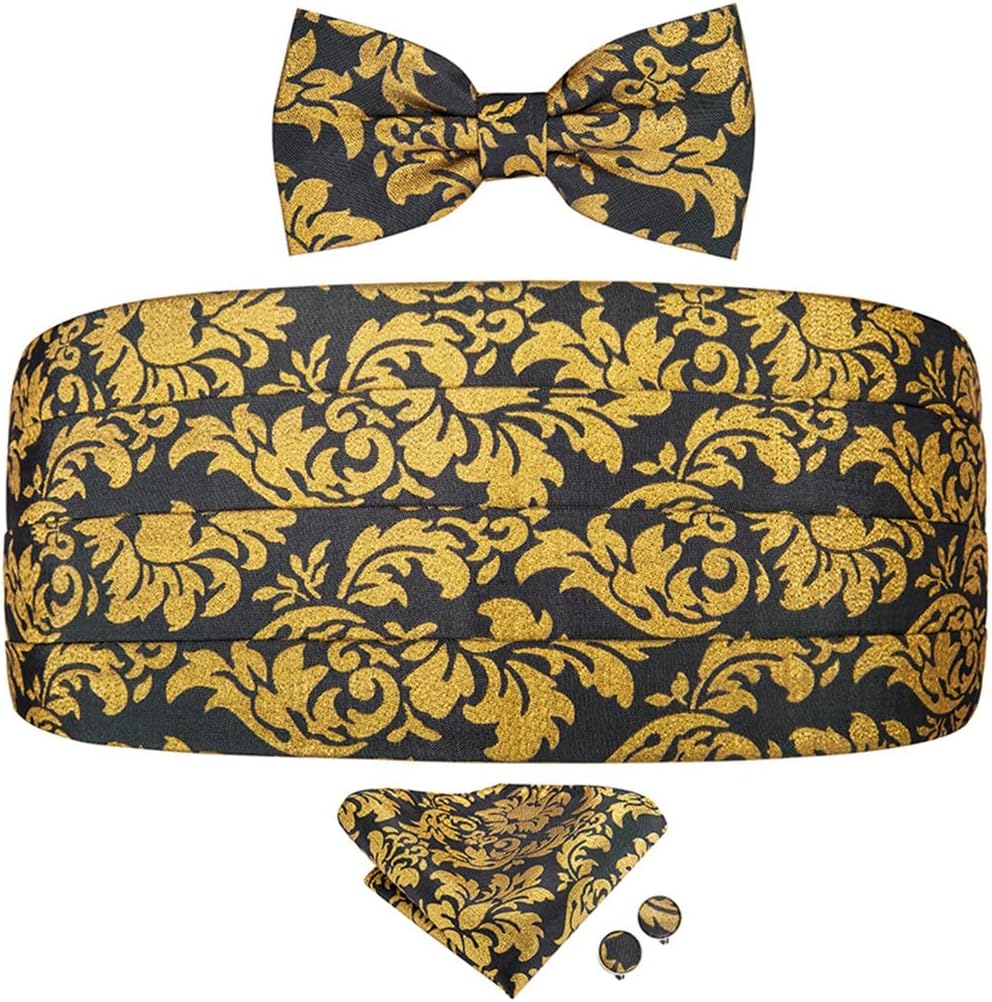 Silk Cummerbund Bow Tie Hanky Cufflinks Set Golden Cummerbunds for Mens Elastic Tuxedo Cummerbunds Belt