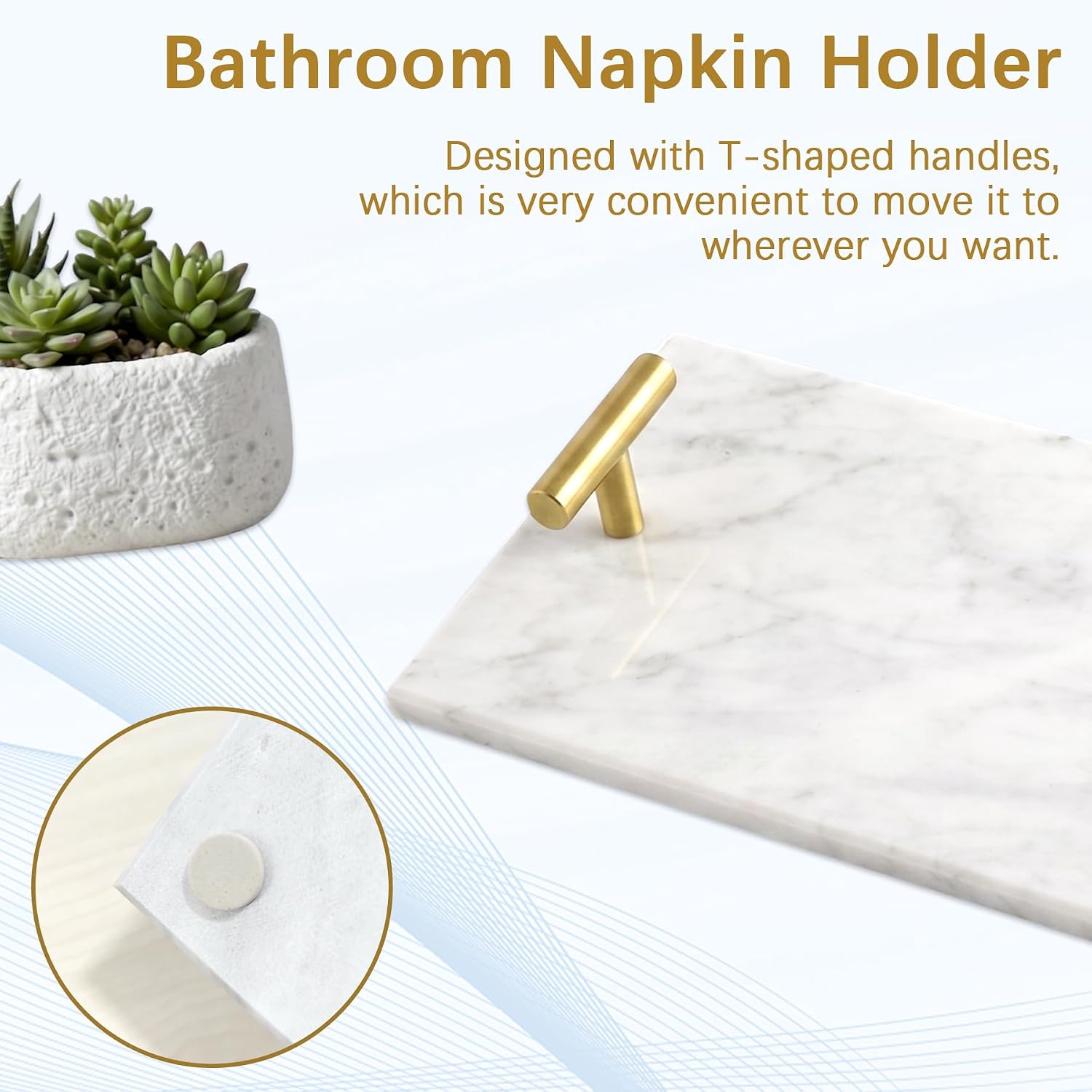 Marble Napkin Holder - Napkin Holder for Bathroom - Bathroom Paper Towel Holder - Marble Guest Towel Tray with Gold Handles(White)