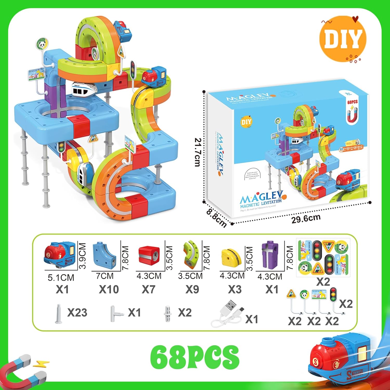 68 PCS Anti-Jam Magnetic Tracks,Flexible Magnetic DIY Electric Train Track Set for Toddlers 3+, USB-Powered STEM Educational Toy Gift