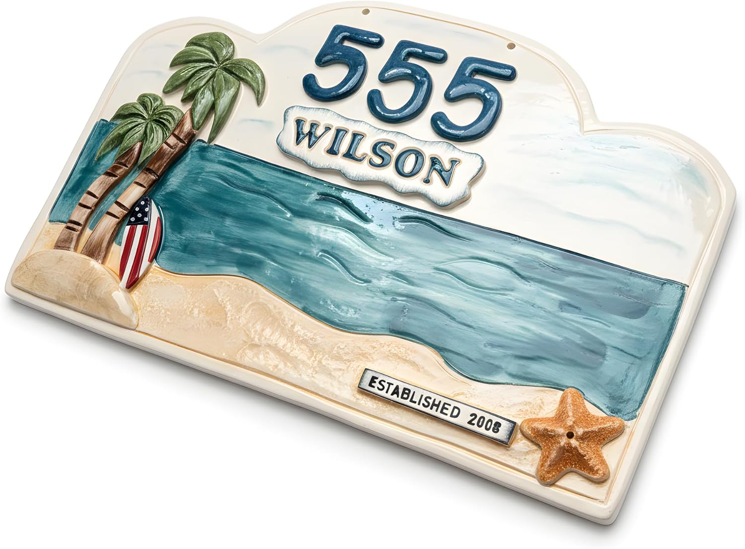 Handcrafted Luxury Coastal Palm Tree Ceramic Address Sign - Personalized Beach House Plaque - Tropical Paradise Custom Family Name & Number Plate - Nautical Outdoor Home Decor