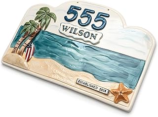 Handcrafted Luxury Coastal Palm Tree Ceramic Address Sign - Personalized Beach House Plaque - Tropical Paradise Custom Family Name & Number Plate - Nautical Outdoor Home Decor