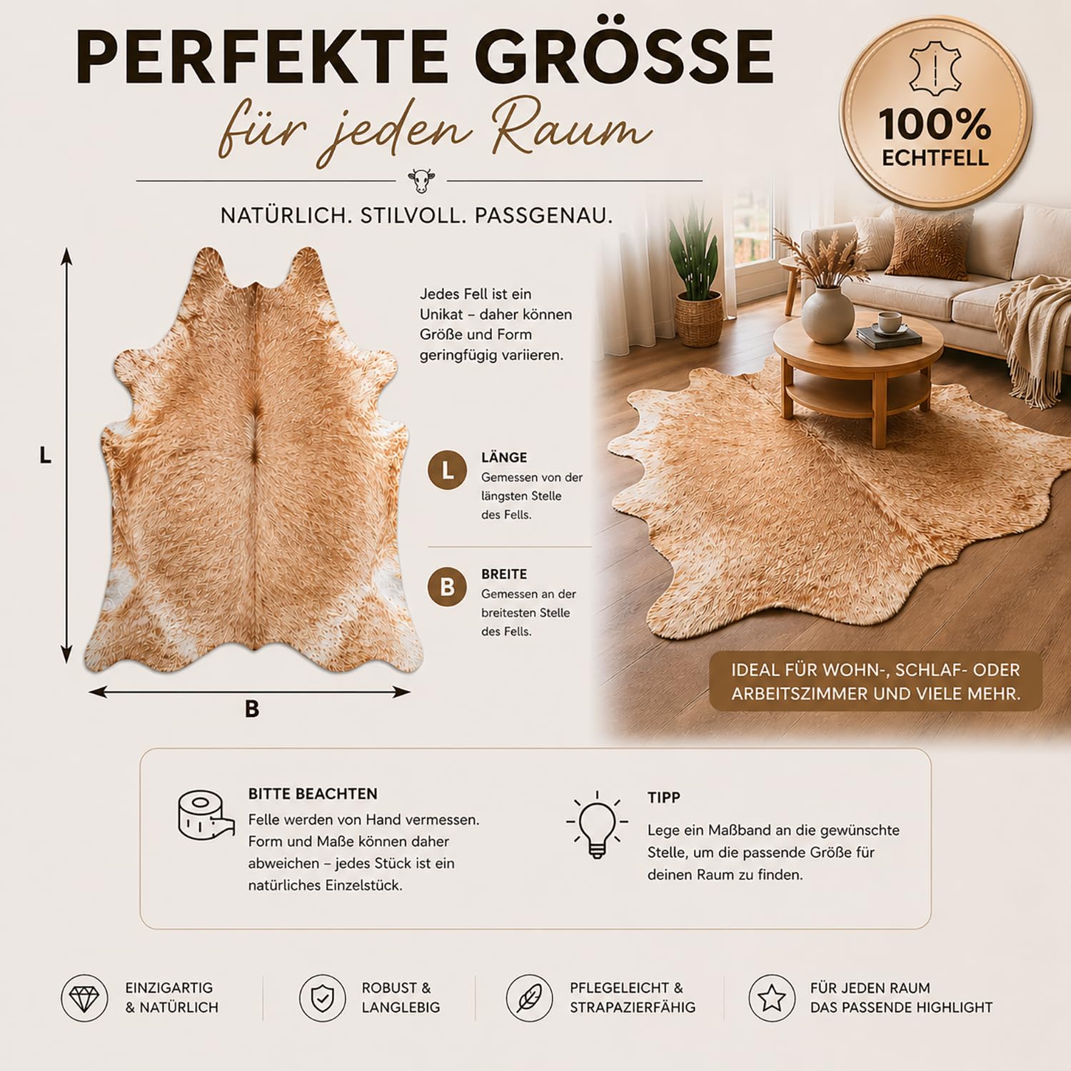 Tapis en Peau de Vache de qualité supérieure - Beige - Produit Naturel Unique en provenance d'Amérique du Sud - Peau de Vache véritable