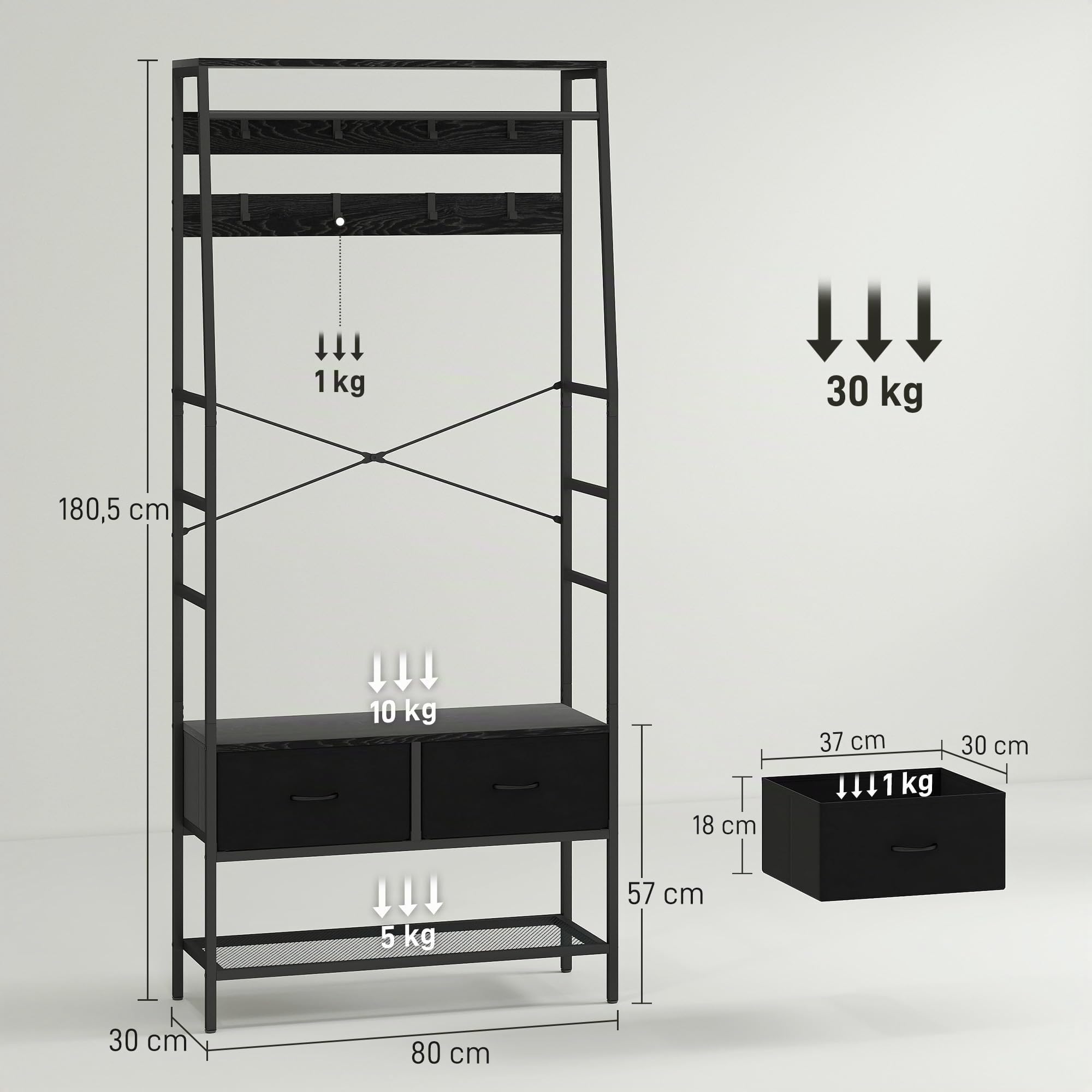 HOMCOM Porte-manteau Vestiaire 2 Tiroirs en Tissu 80 x 30 x 180,5 cm Noir