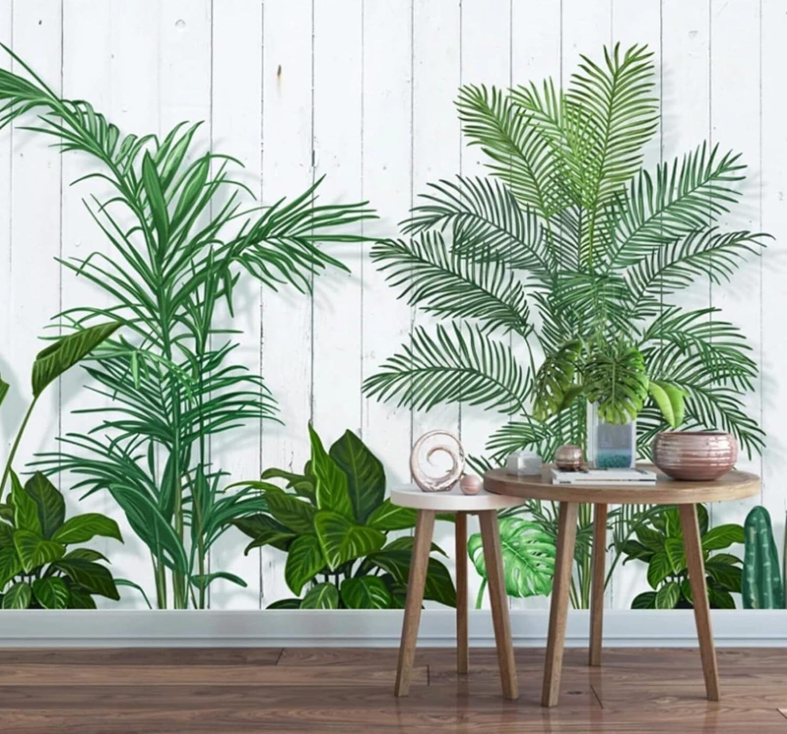Xlming 400Cm×280Cm(B×H) Minimalist Woodgrain Fresh Plants Green Leaves 3D Wallpaper Luxury Silk Study Dining Feature Sofa Grey Bedroom Living Room Tv Decorative Wall-400Cm×280Cm