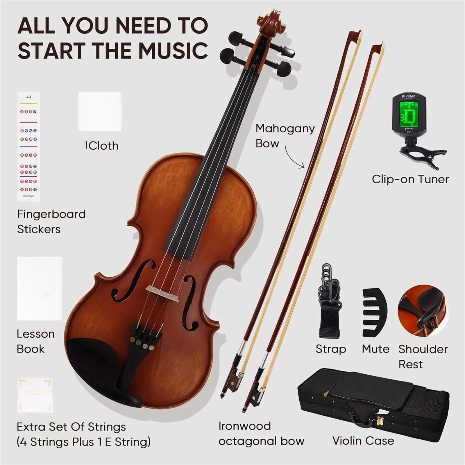 Violine Violine 4/4 Vollformat-Geigenset Aus Massivholz Für Professionelle Anfänger Mit Achteckigem Bogen Aus Eisenholz Und Palisander