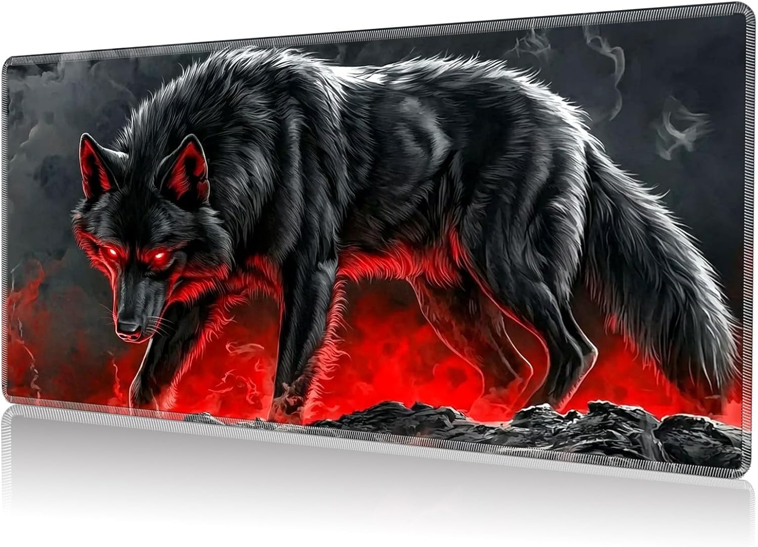 Playmat for MTG, Game Play Mat Card Game Playing 24 x 14 inches Tabletop Magic Play Mats Non-Slip Rubber Base and Stitched Mousepad Desk Mats Playmats for MTG TCG,Fire Black Wolf