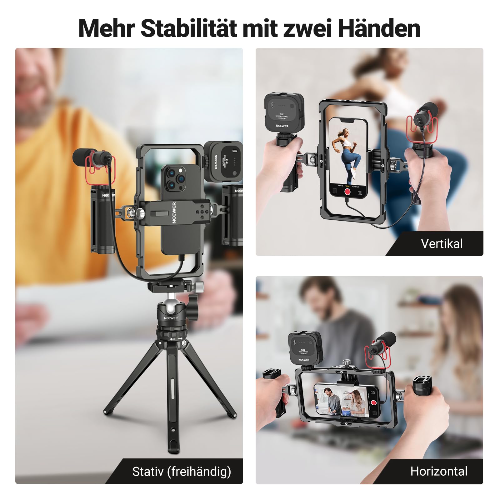 NEEWER Verbessertes Smartphone Rig Vlogging Kit, Videostabilisator, kabelloser Mikrofonclip Steckplatz für TikTok YouTube, kompatibel mit SmallRig iPhone 17 Pro Max 16 16e 15 Galaxy S25 Ultra, PA009
