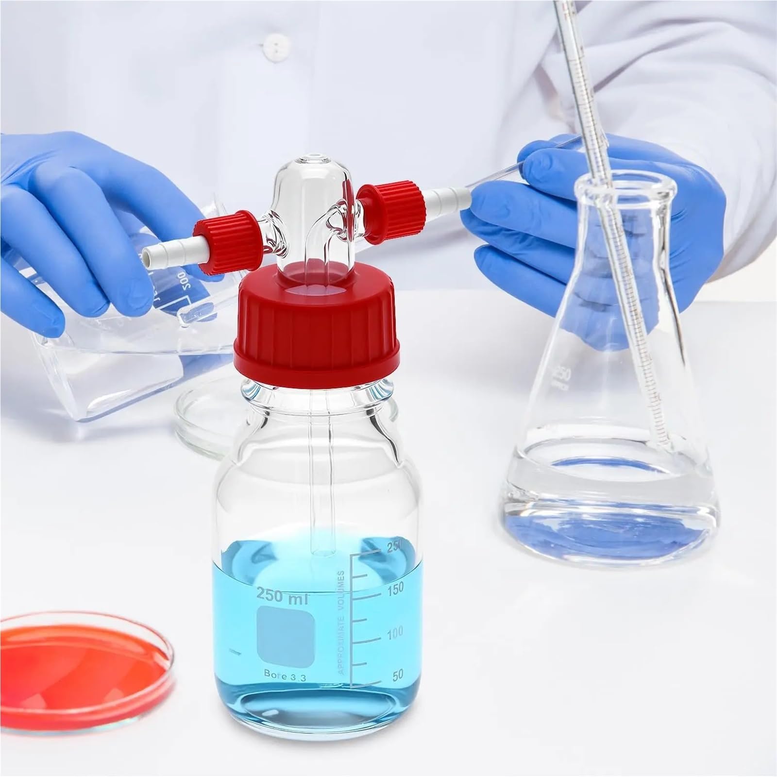 Frasco de lavado de gases de laboratorio, vidrio, cabezal de frasco de tampón graduado, vidrio de borosilicato GL45(1000ml)