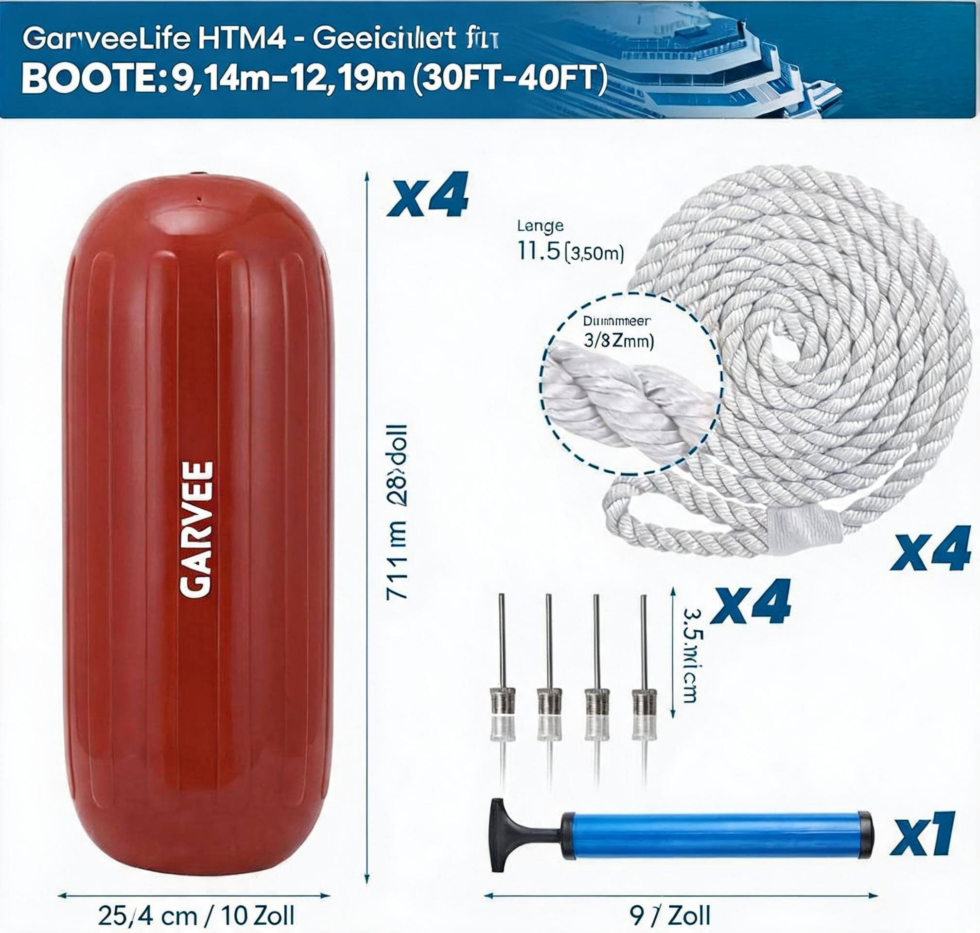 Garvee 4er-Set Aufblasbare Bootsfender 25,4 x 71,1 cm, Gerippte Mittelöffnung, Inklusive Seile Und Luftpumpe