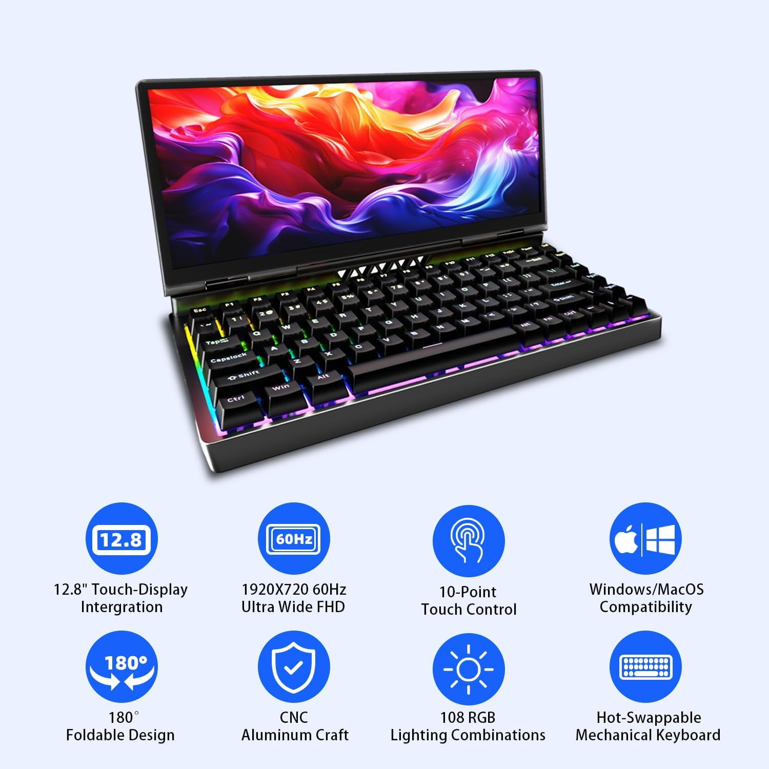 12.8" Portable Touchscreen Keyboard Monitor, Foldable Stretched Bar Laptop Screen Extender with Mechanical Keyboard USB-A USB-C Monitor for Windows MacOS (Driver Need)