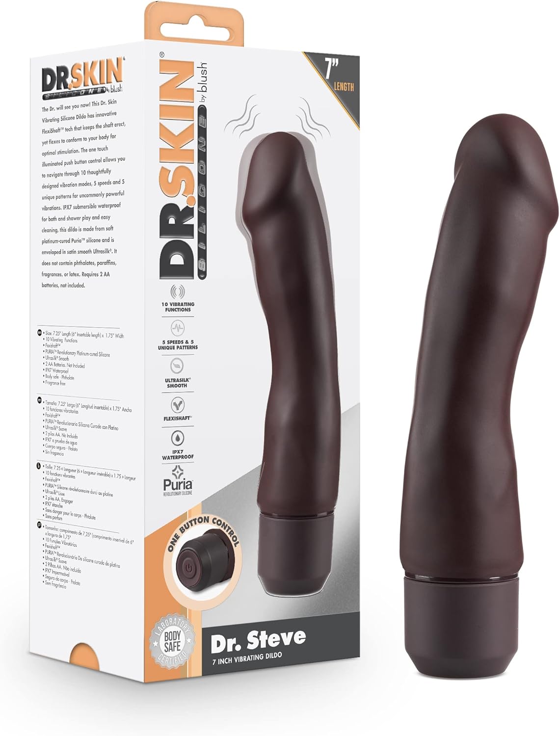 Blush Dr. Skin 7.75" Silicone Brown Vibrating Dildo - Flexible Lifelike Cock w/Powerful Vibrations - Chocolate Skin-Toned Curved Penis - 5 Speeds & Patterns, IPX7 - Adult Sex Toy for Women & Couples