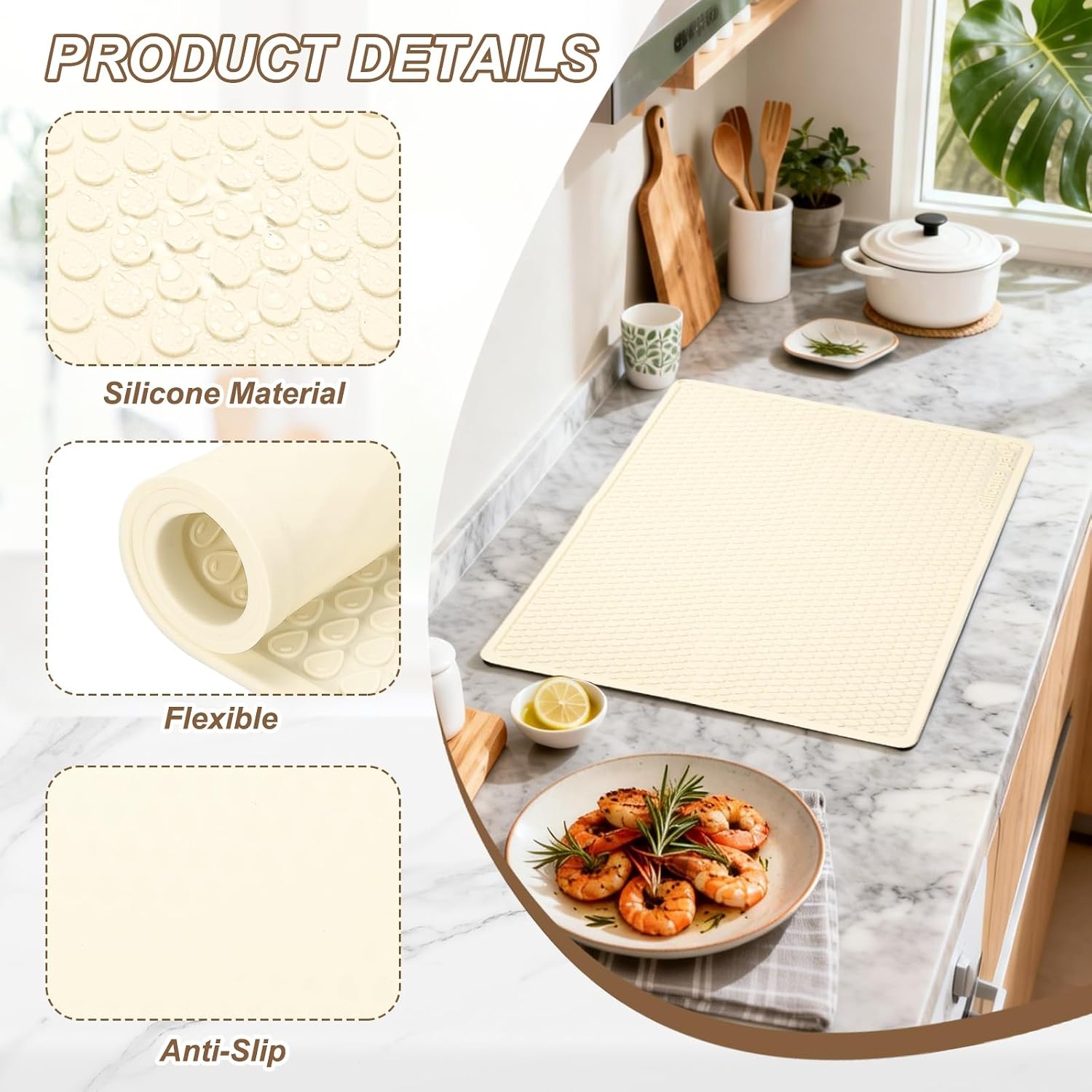 PATIKIL Dish Drying Mat, 24 x 16 Inch Silicone Heat Resistant Drying Pad Stove Top Cover for Kitchen Counter Sink Stove Refrigerator Drawer Liner, Cream White
