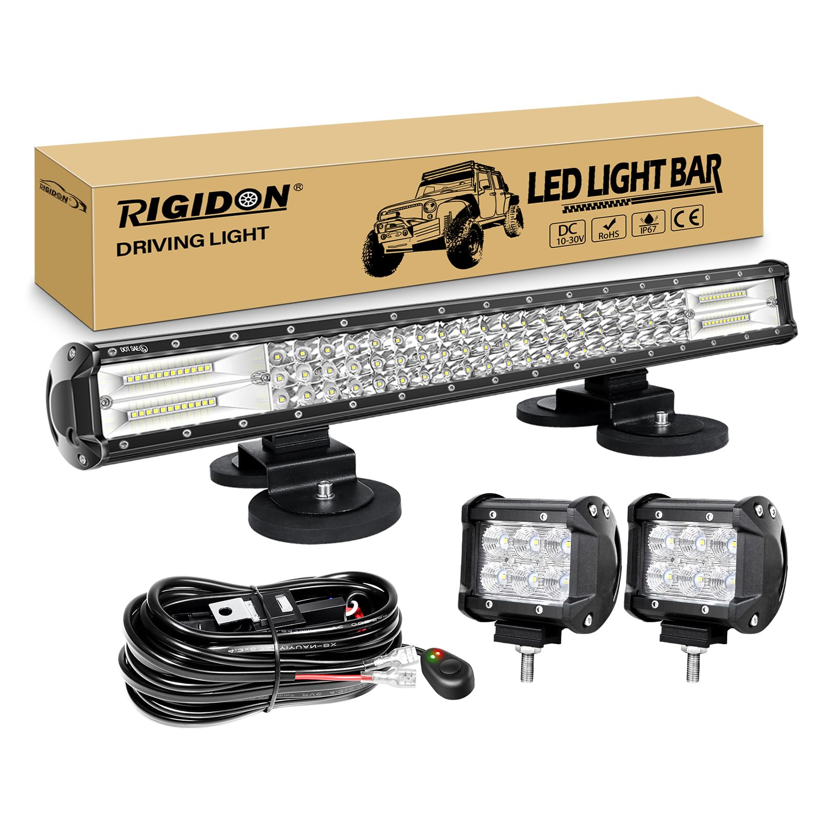RIGIDON Listwa świetlna LED 58 cm 324 W z zestawem kabli 12 V, magnetycznym wspornikiem i reflektorami powodziowymi 18 W do samochodów terenowych, ciężarówek, SUV, ATV 4 x 4, lampa robocza, 6000 K