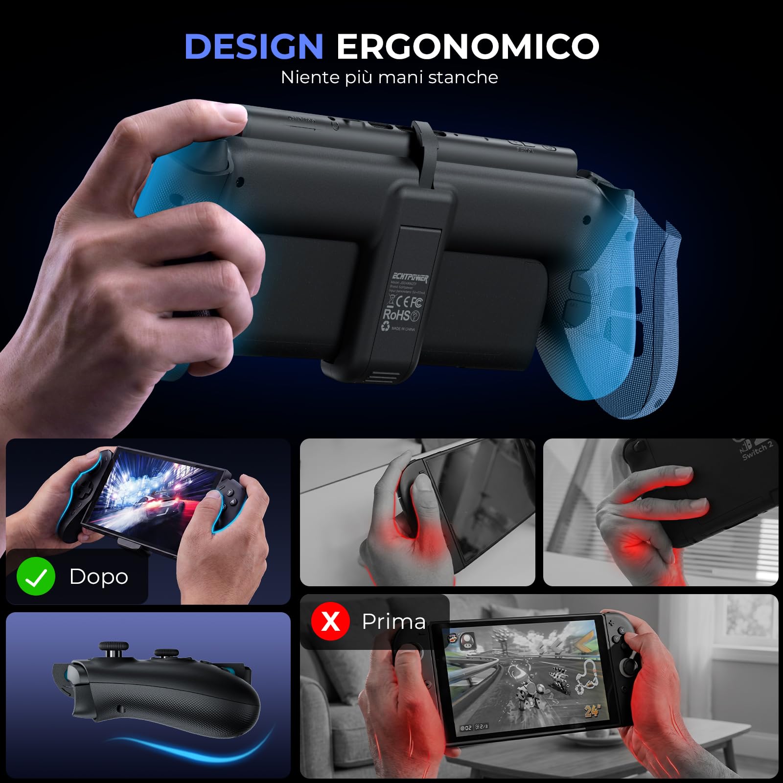 ECHTPower Controller per Switch 2, Gamepad Wireless con Pulsante C, Giroscopio a 9 Assi, Hall Joystick, Senza Deriva, Vibrazione, Turbo, Macro e Pulsanti Posteriori Programmabili, Ergonomico