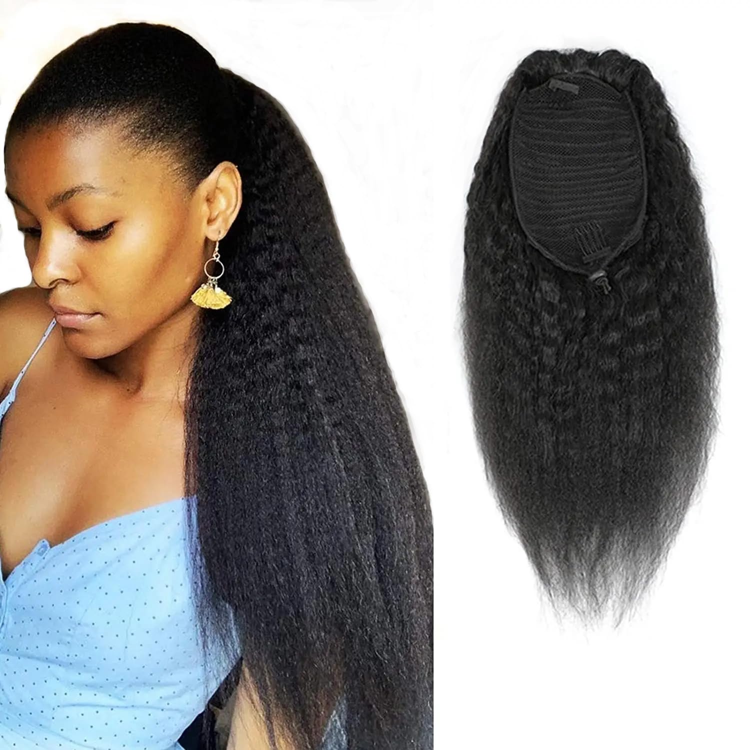 Luovce Ponytail Extension Human Hair Kinky Straight Ponytail Hair Extension (Drawstring Ponytail, 18 inches)
