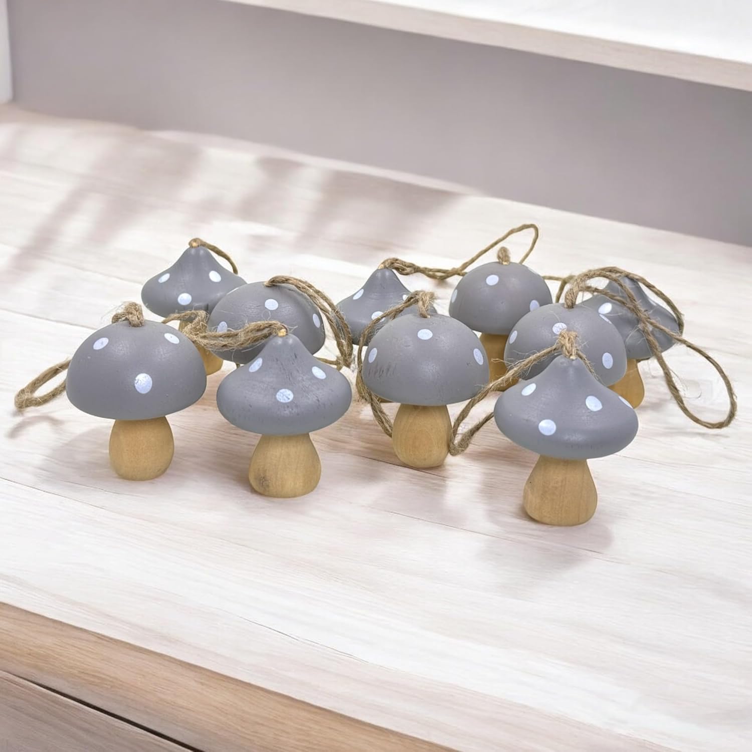MIJOMA Set of 10 Christmas Tree Pendants Wooden Mushroom Toadstool Design 4 x 5 cm ─ Vintage Wooden Decoration in Red, Grey & Pink for Advent Wreath & Christmas Tree (Grey)