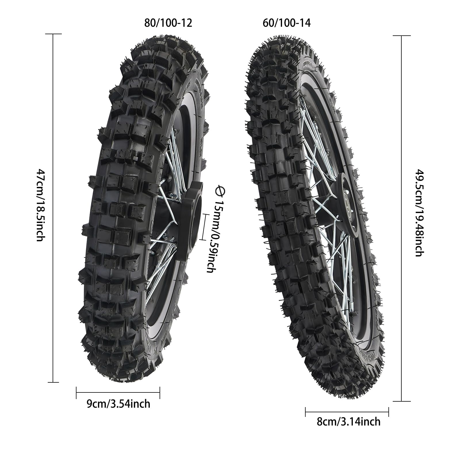KIT 2 RUOTE COMPLETE PER MOTO 50cc 70cc 90cc RUOTA POSTERIORE 18.5×3.5" (80/100-12) RUOTA ANTERIORE 19.5×3.1" (60/100-14) ALLUMINIO + GOMMA